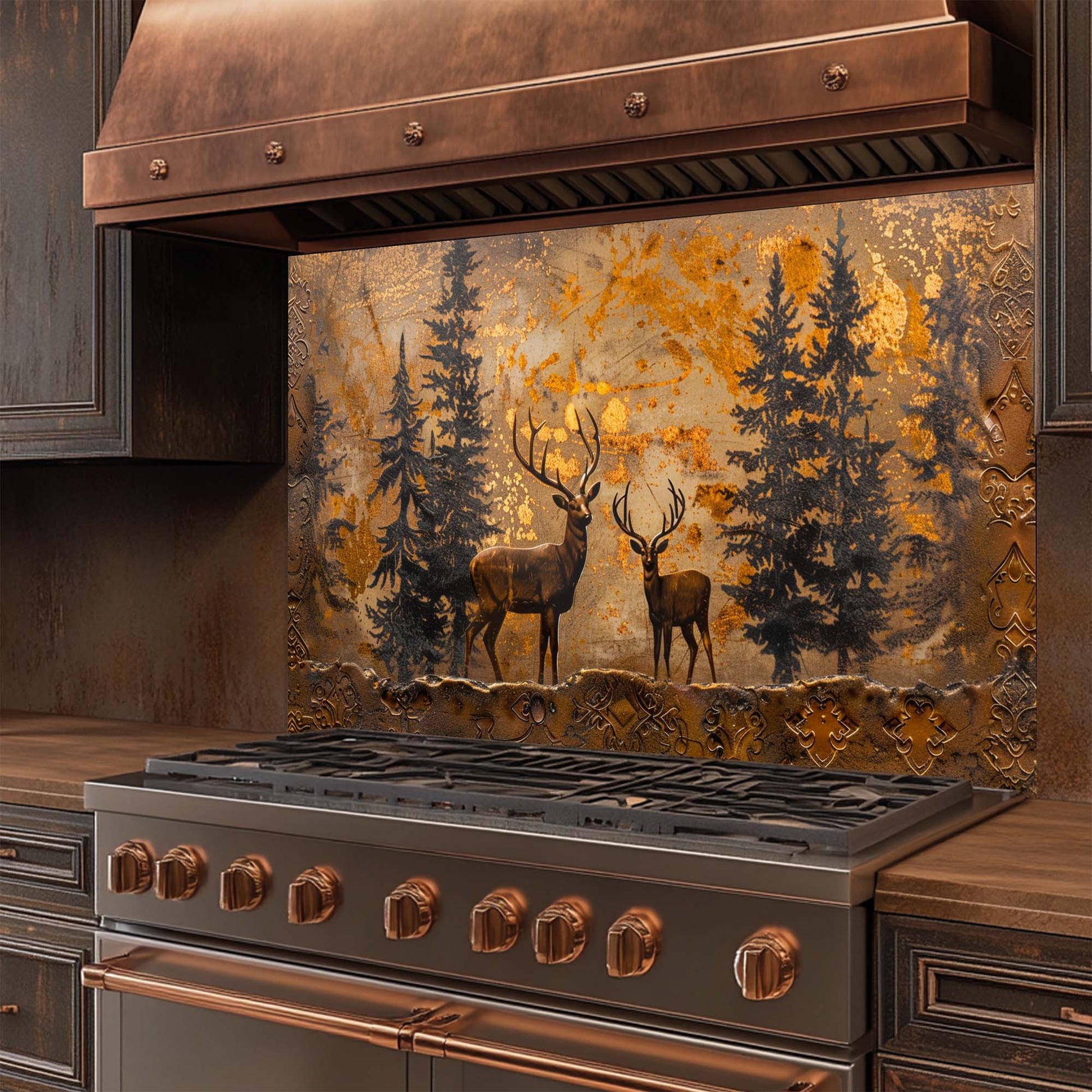 Stainless steel stove with copper accents and a decorative glass backsplash featuring deer and trees.