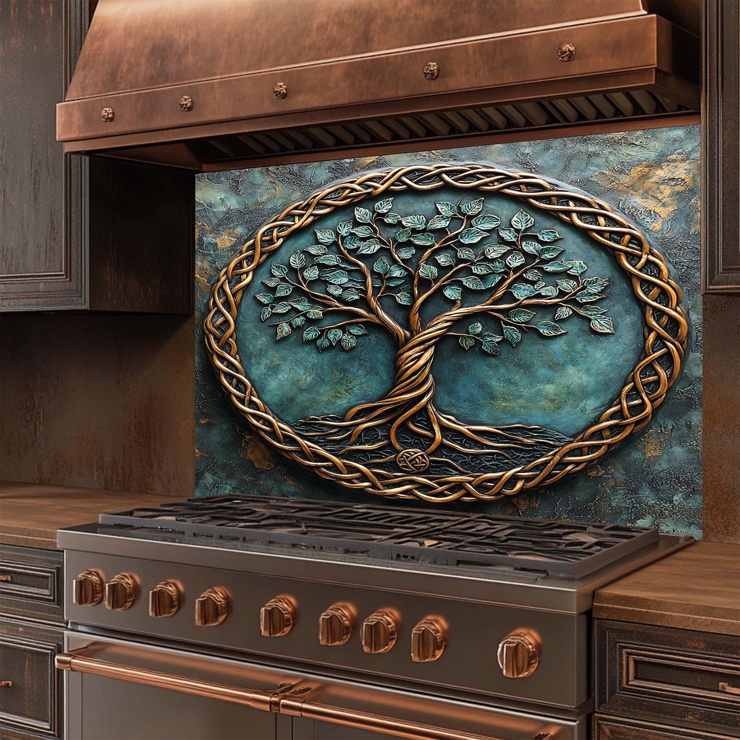 Decorative kitchen stove with a tree of life design on the glass backsplash.