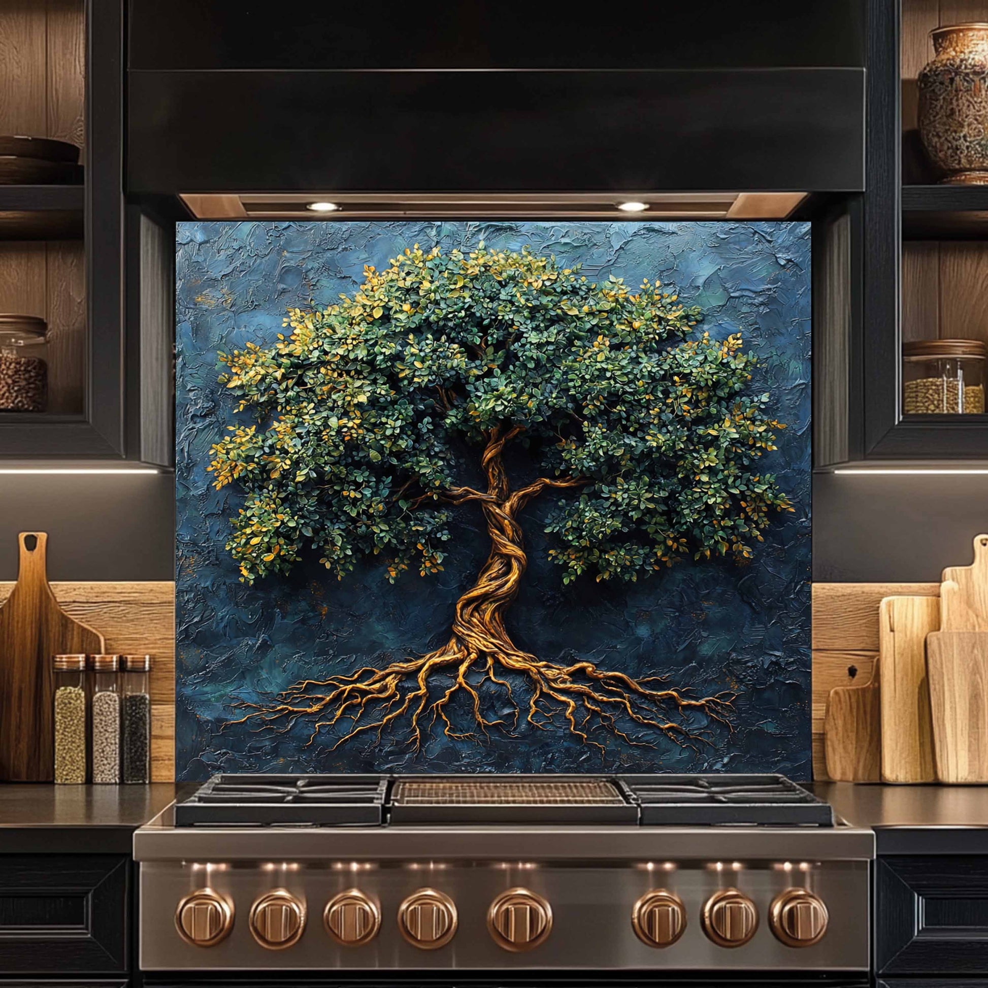 Stainless steel stove with decorative tree wall art in a kitchen setting