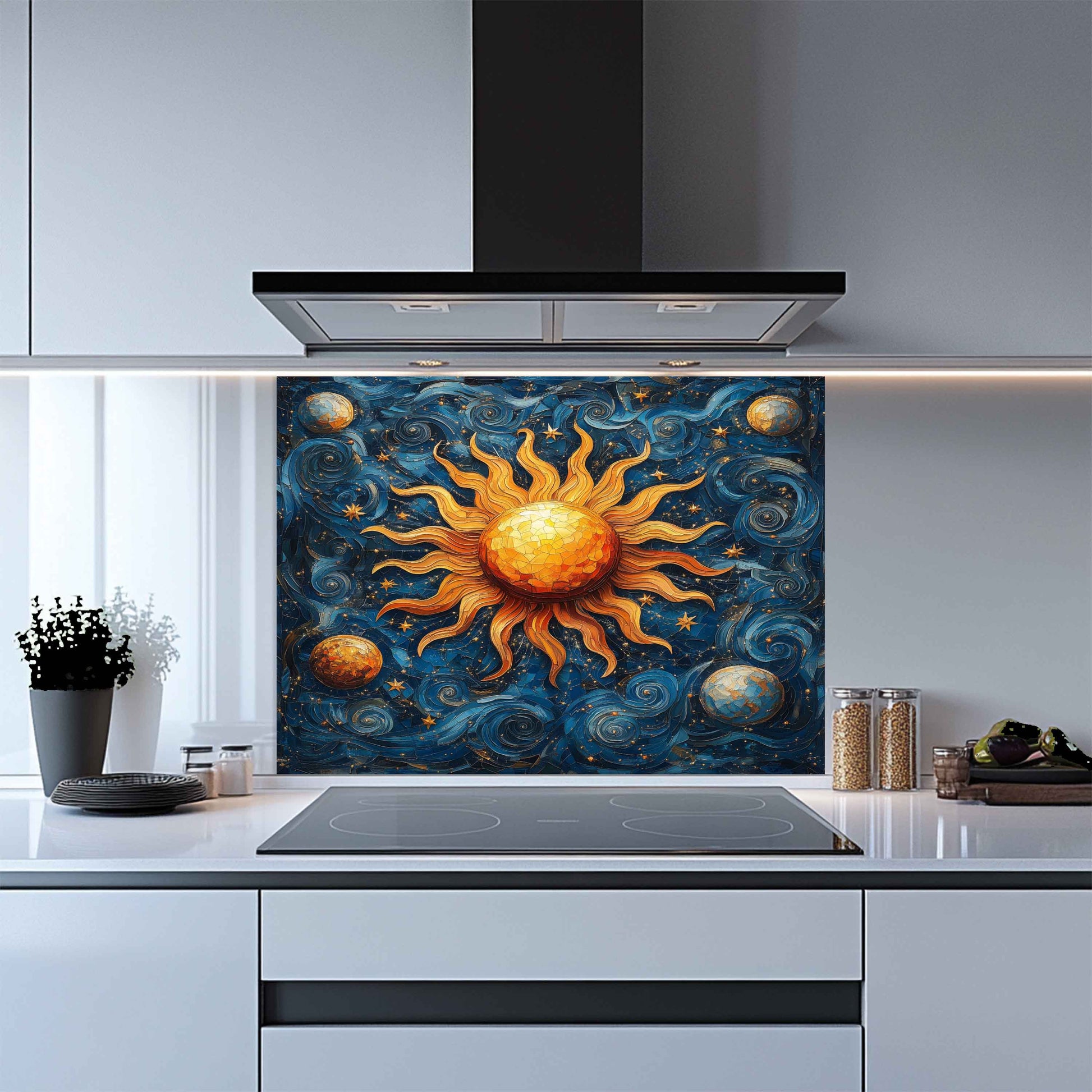 Kitchen with a decorative sun and galaxy design on a splashback panel.