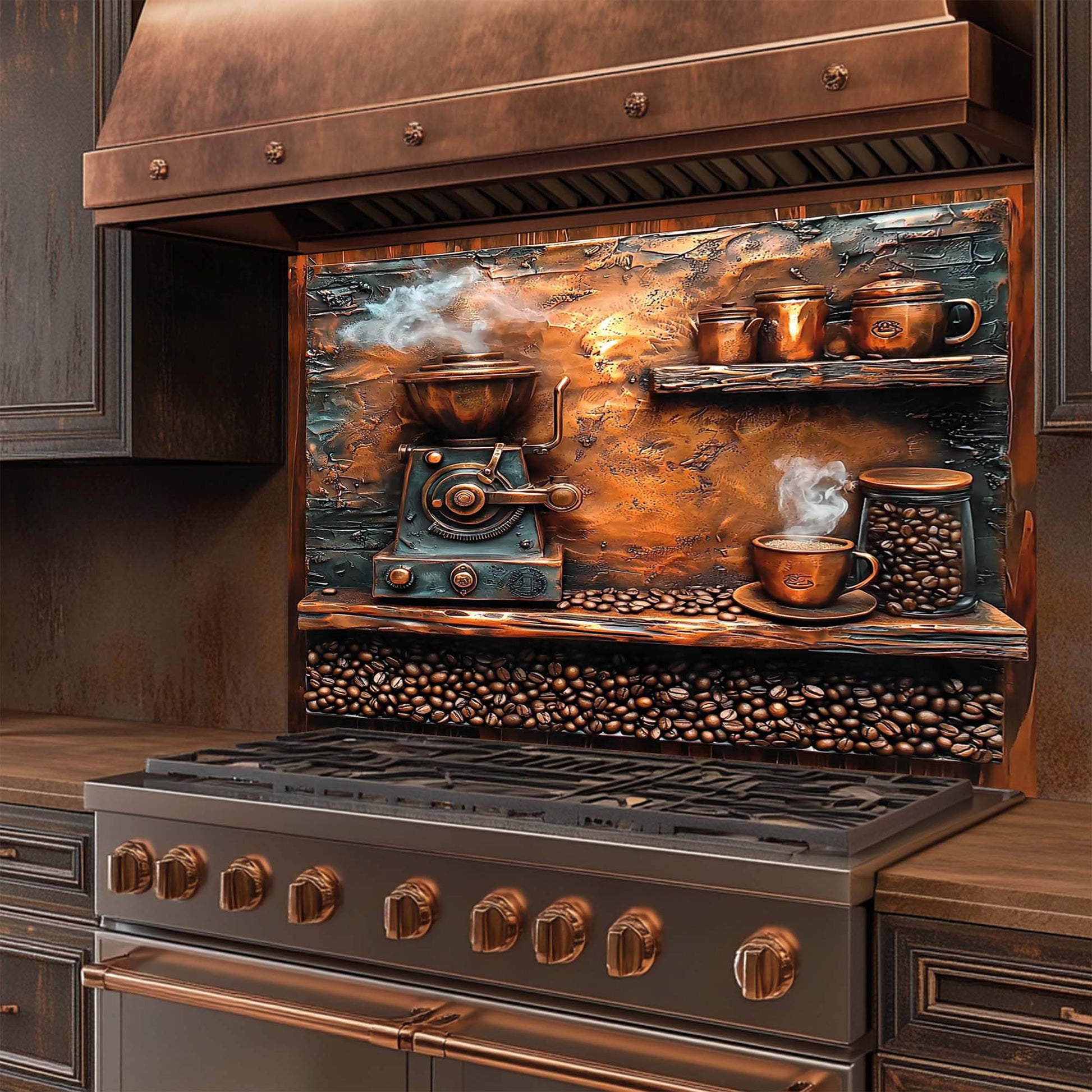 Stainless steel stove with copper accents and coffee-themed decorative glass backsplash