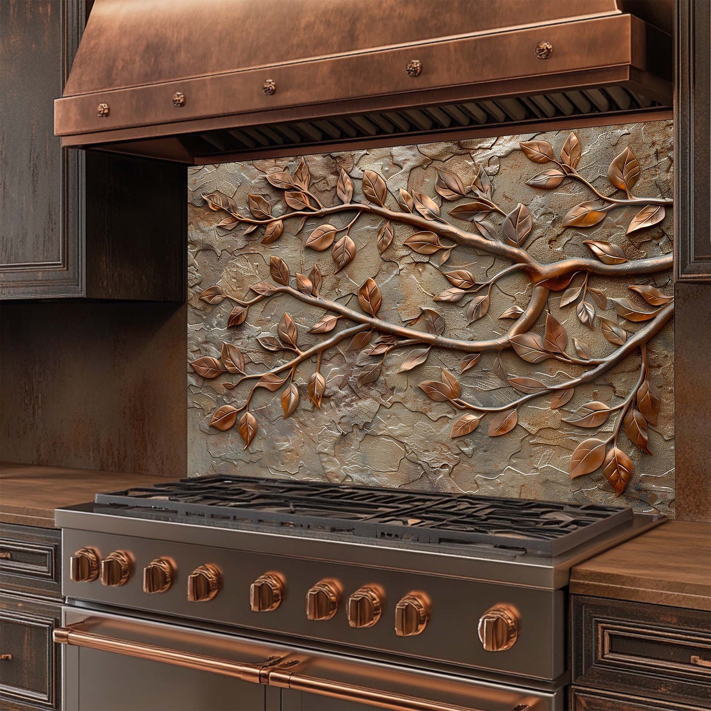 Stainless steel stove with copper accents and decorative glass backsplash in a kitchen setting