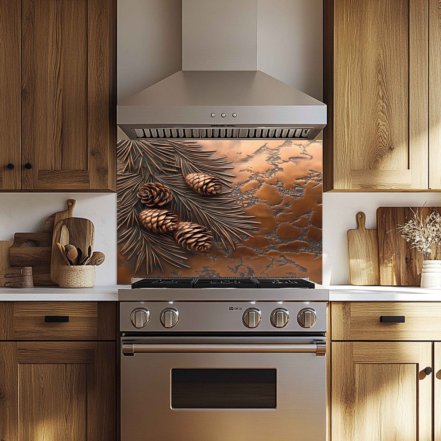 Modern kitchen with wooden cabinets, stainless steel appliances, and decorative backsplash.