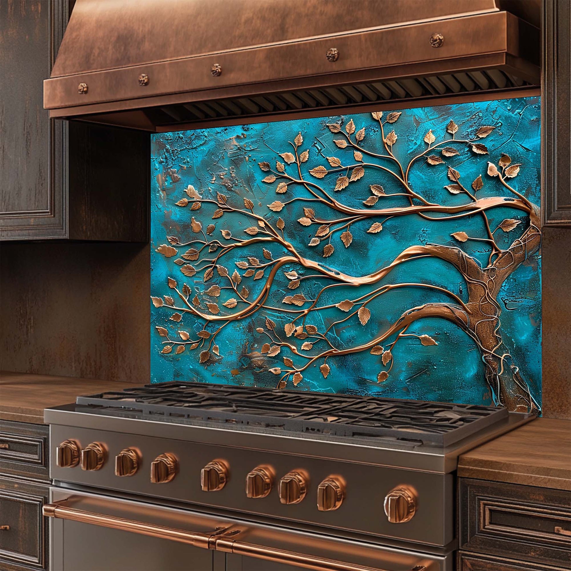 Stainless steel stove with decorative blue and bronze tree glass backsplash
