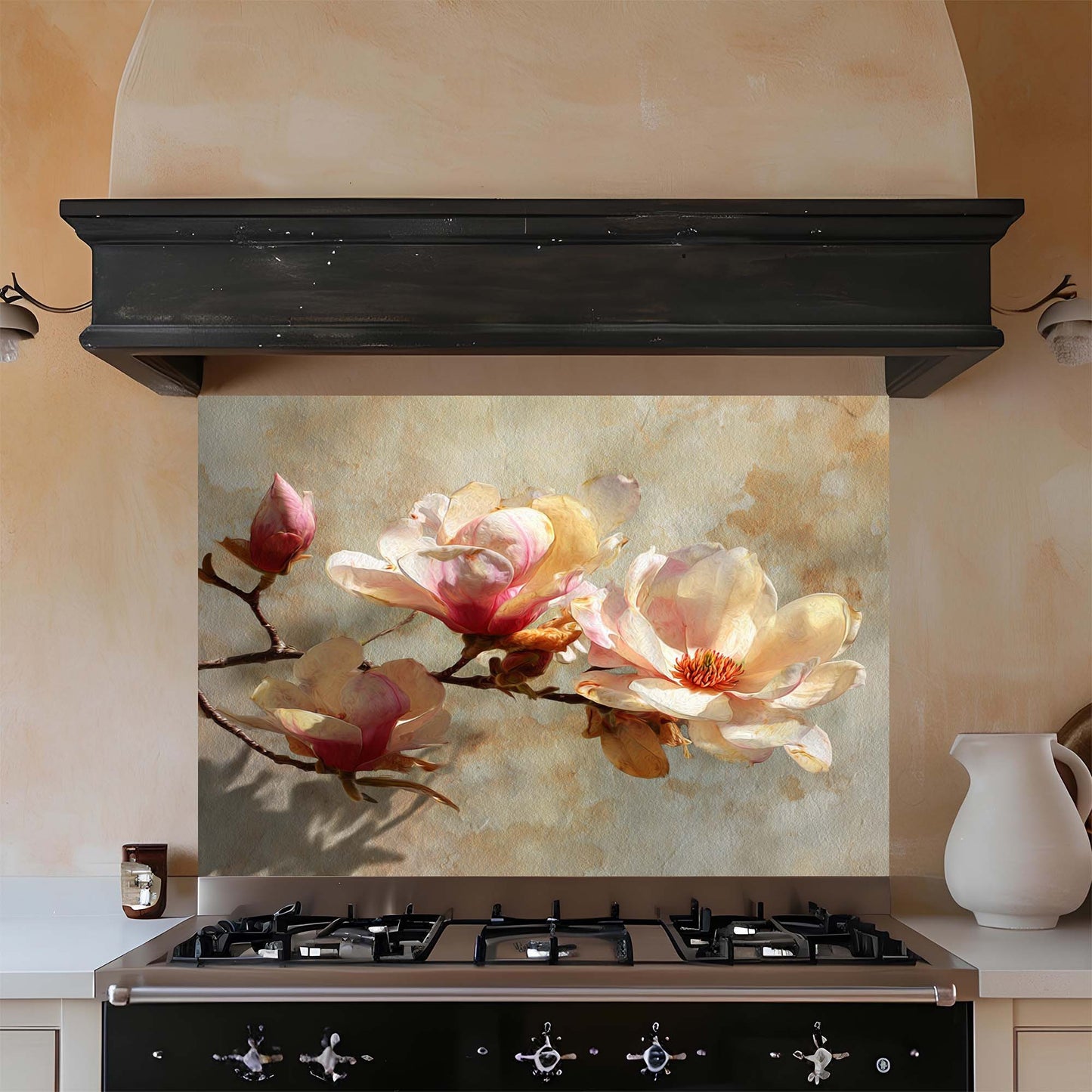Kitchen stove with a floral glass splashback