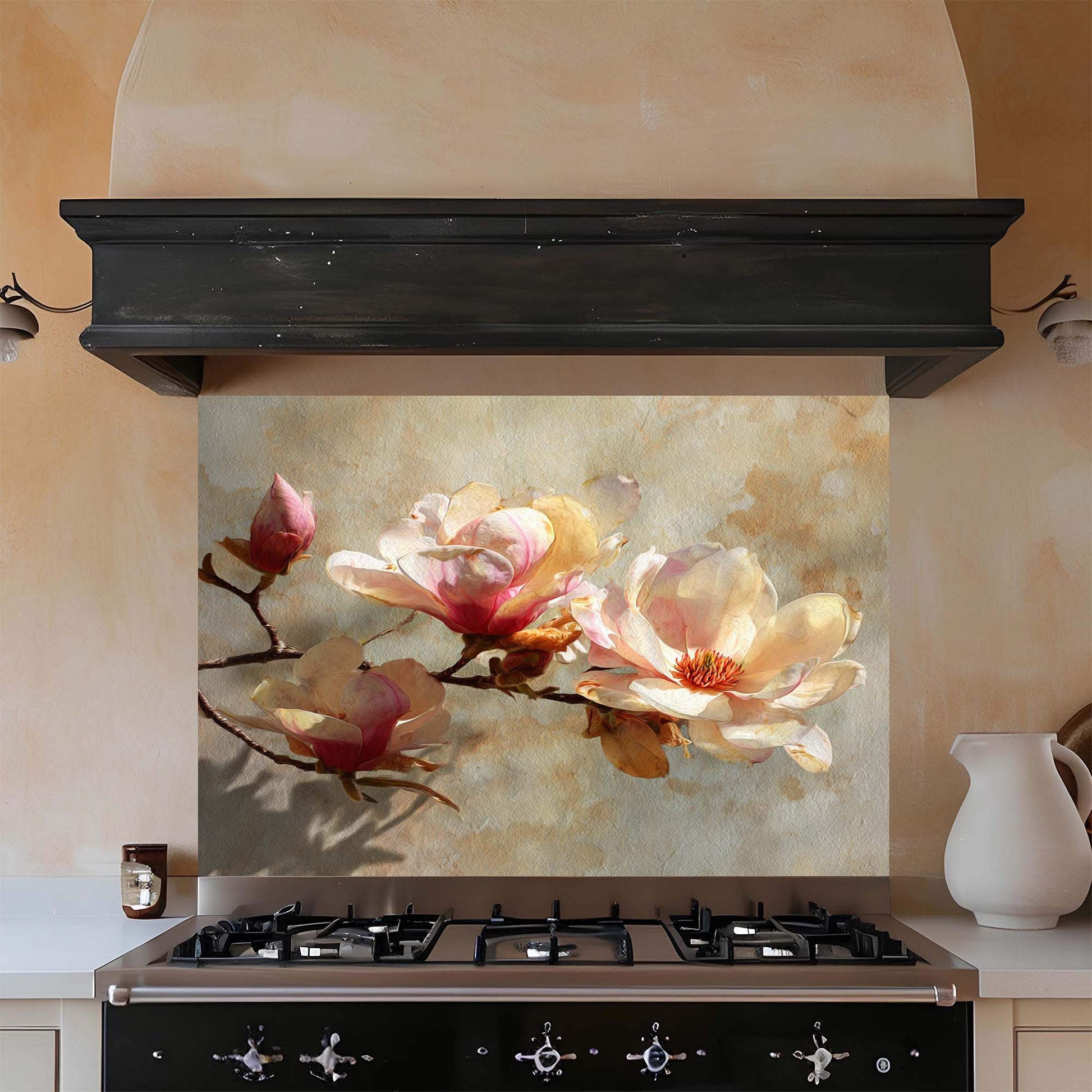 Kitchen stove with a floral glass splashback