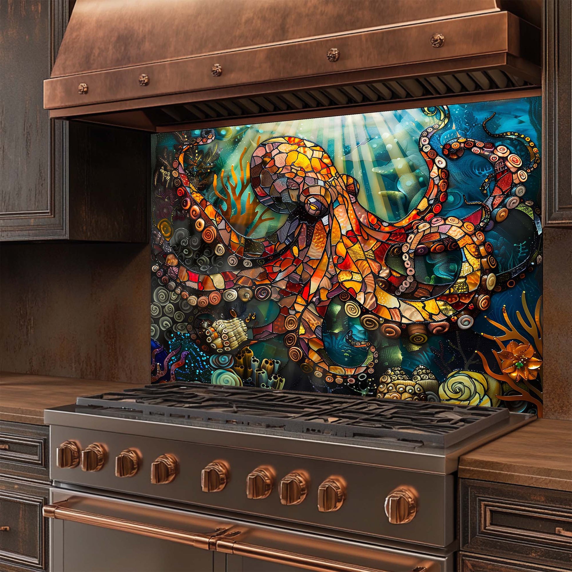Stainless steel stove with a decorative glass backsplash featuring an octopus design.
