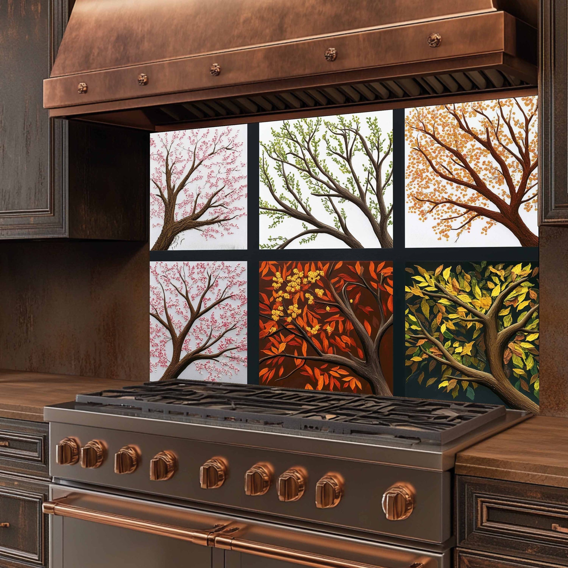 Stainless steel stove with copper accents and a decorative backsplash of trees.