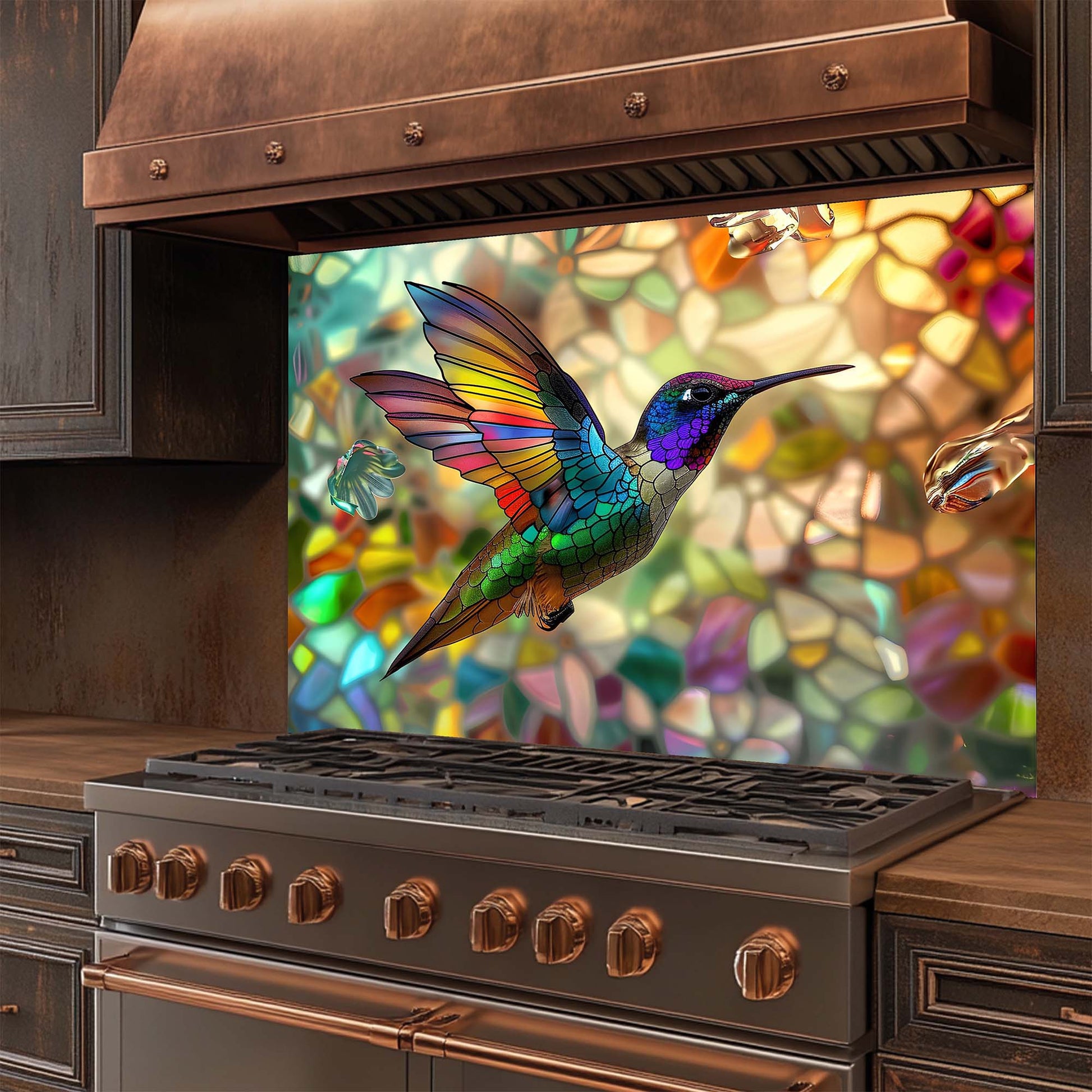 Stainless steel stove with a colorful hummingbird design on the glass backsplash