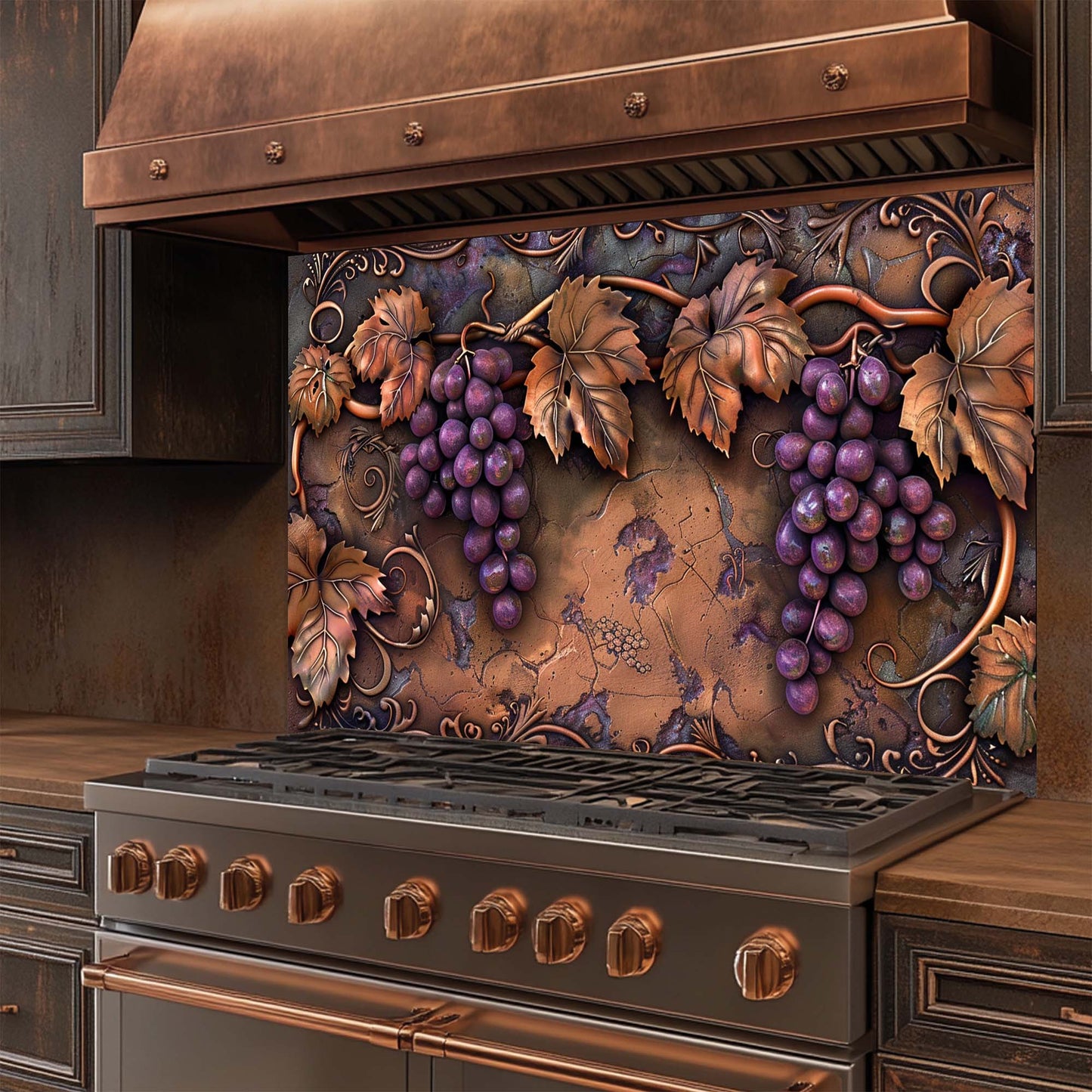 Decorative glass backsplash with grapes and leaves above a stove in a kitchen setting.