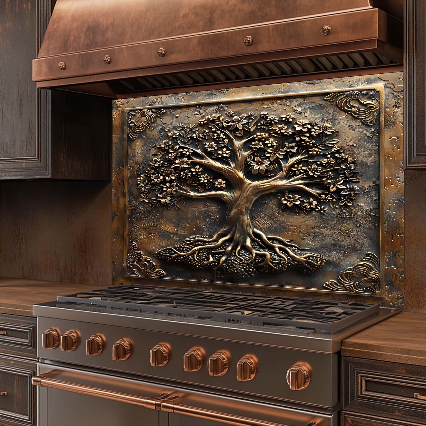 Decorative glass backsplash with a tree design on the front, featuring copper and bronze finishes.