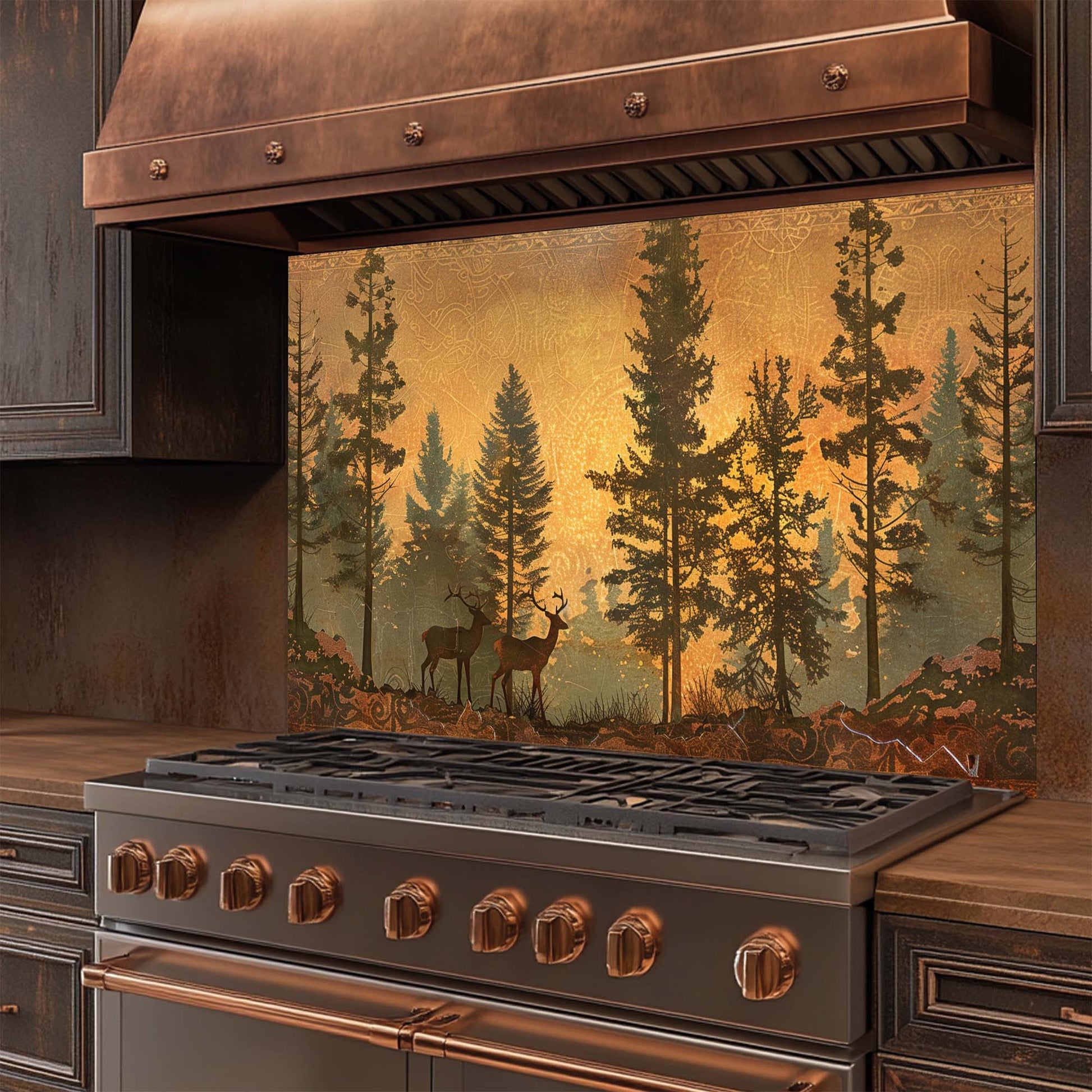 Stainless steel stove with copper accents and a forest mural on the glass backsplash.