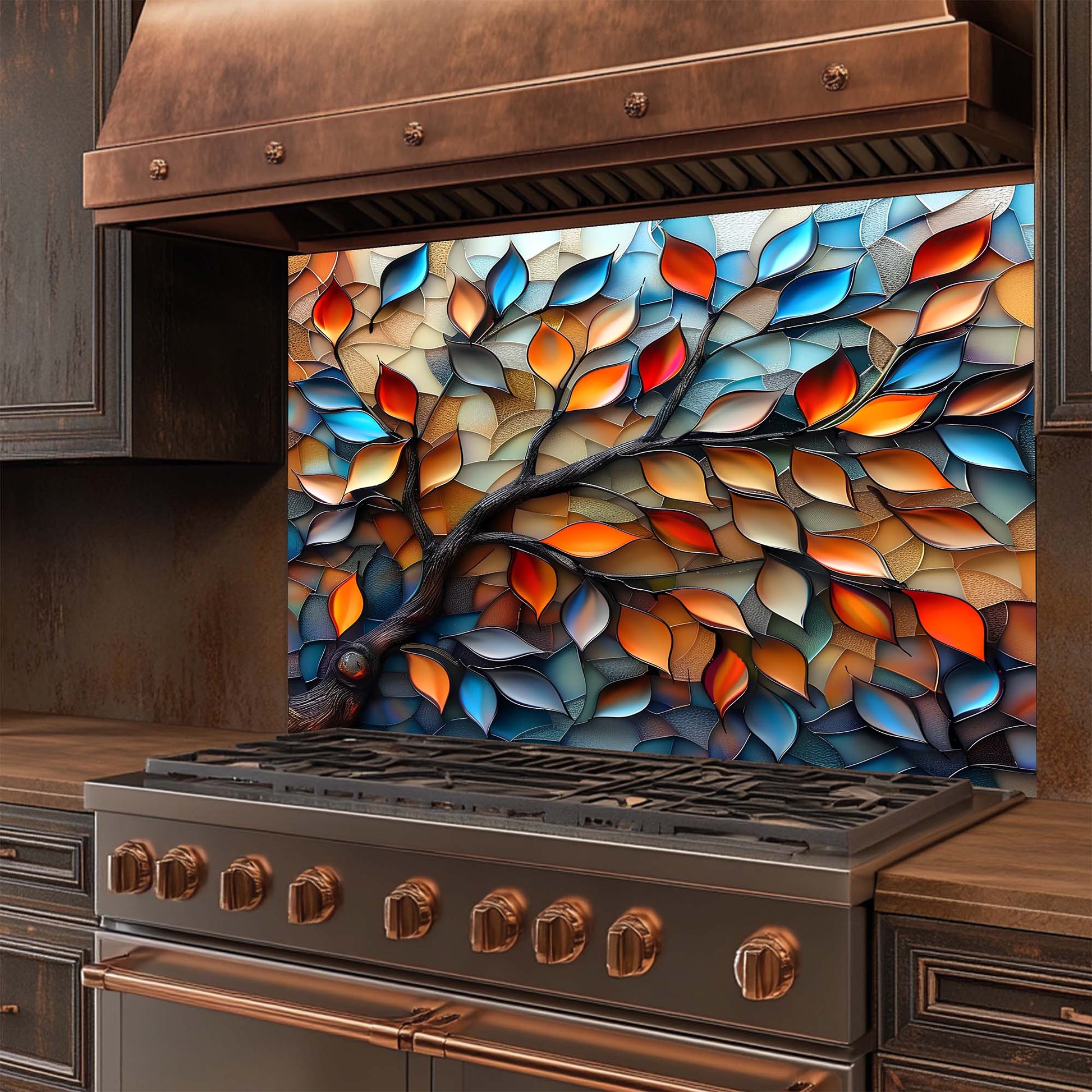 Stainless steel stove with a decorative glass backsplash featuring colorful leaf design.