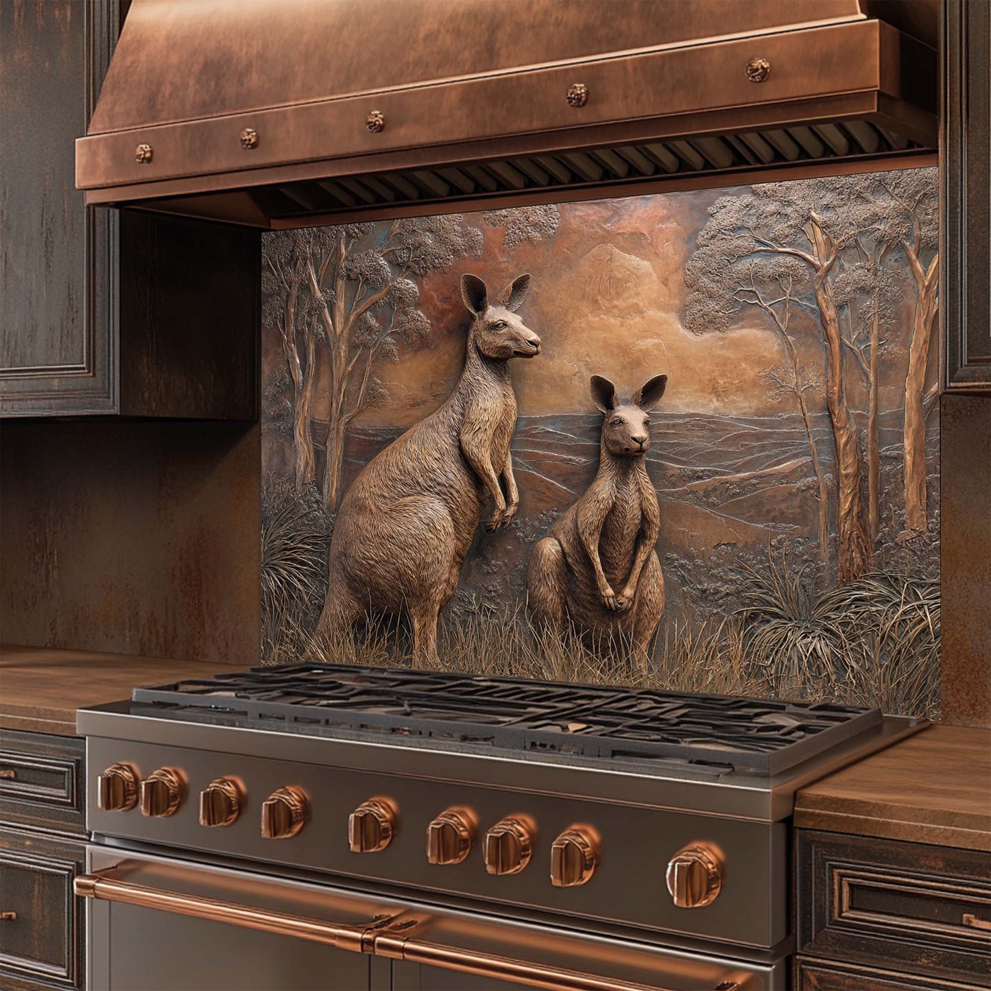 Stainless steel stove with copper accents and a decorative kangaroo glass backsplash on the back