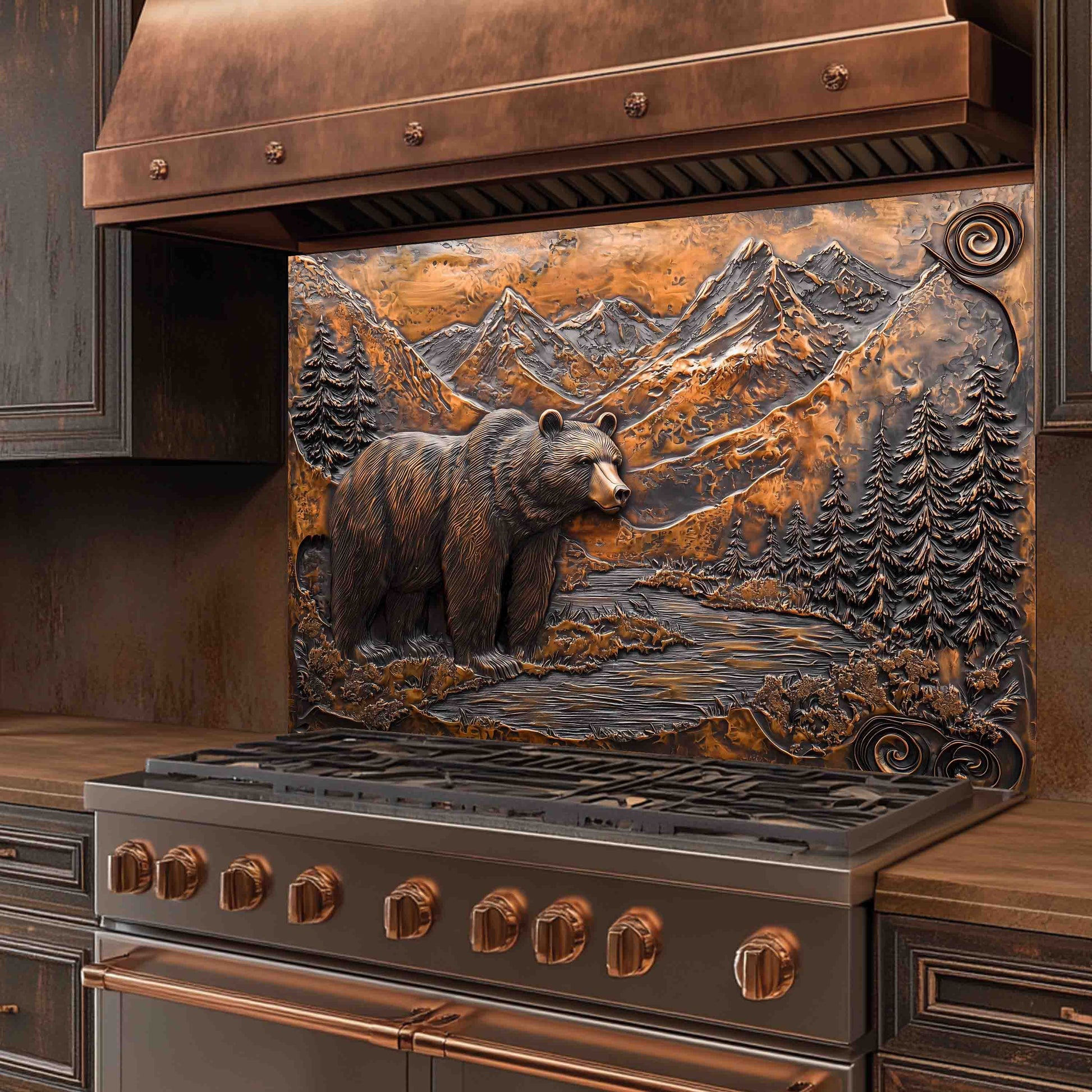 Stainless steel stove with tempered glass backsplash featuring a bear and mountain design.