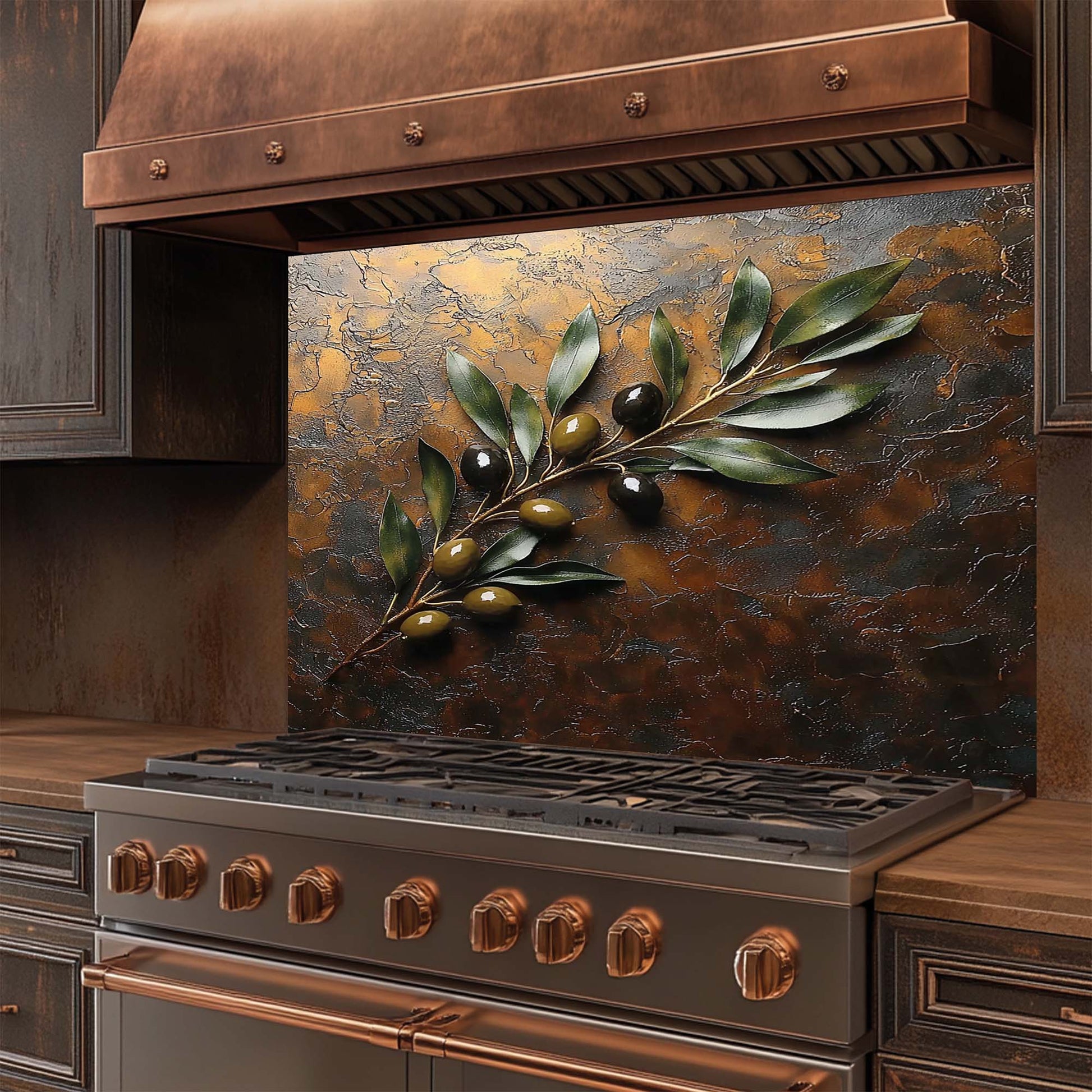 Stainless steel stove with copper accents and decorative olive branch glass backsplash