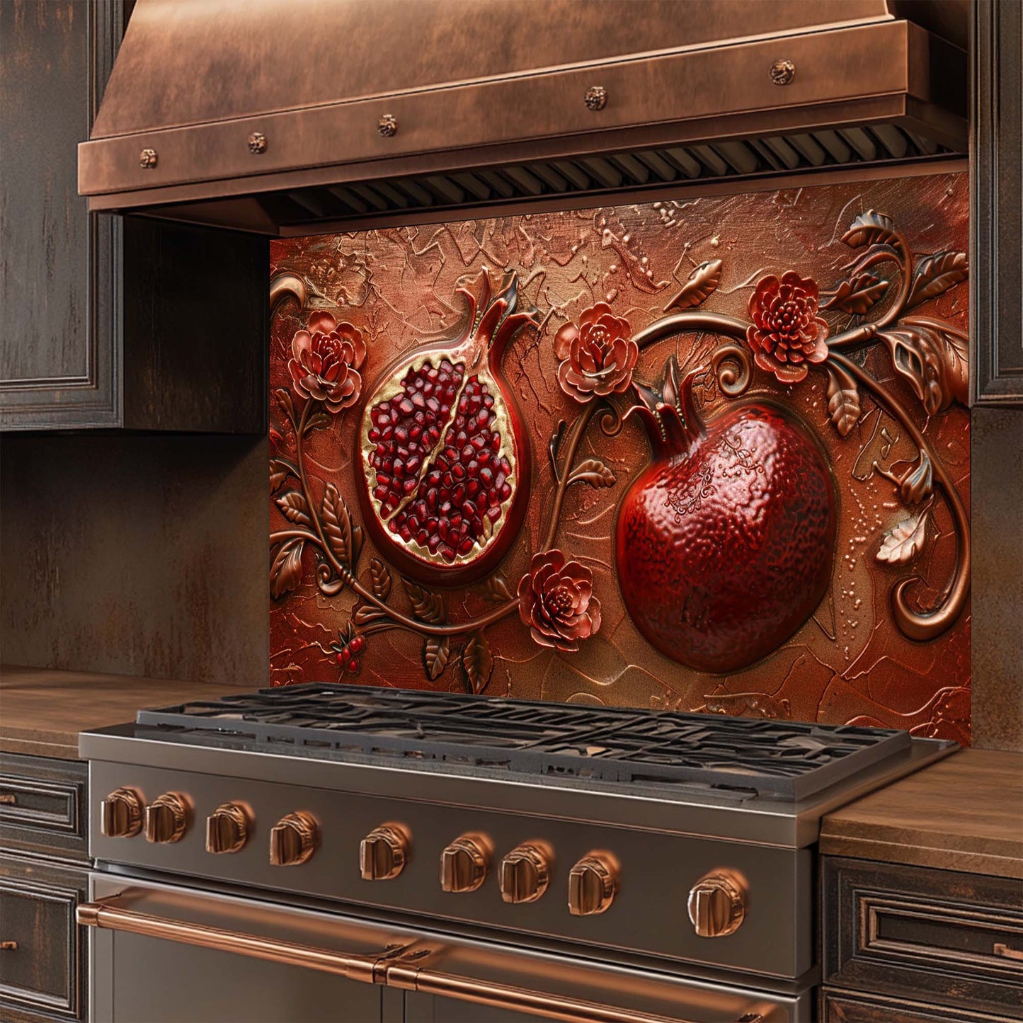 Stainless steel stove with decorative glass backsplash featuring pomegranates and floral designs.