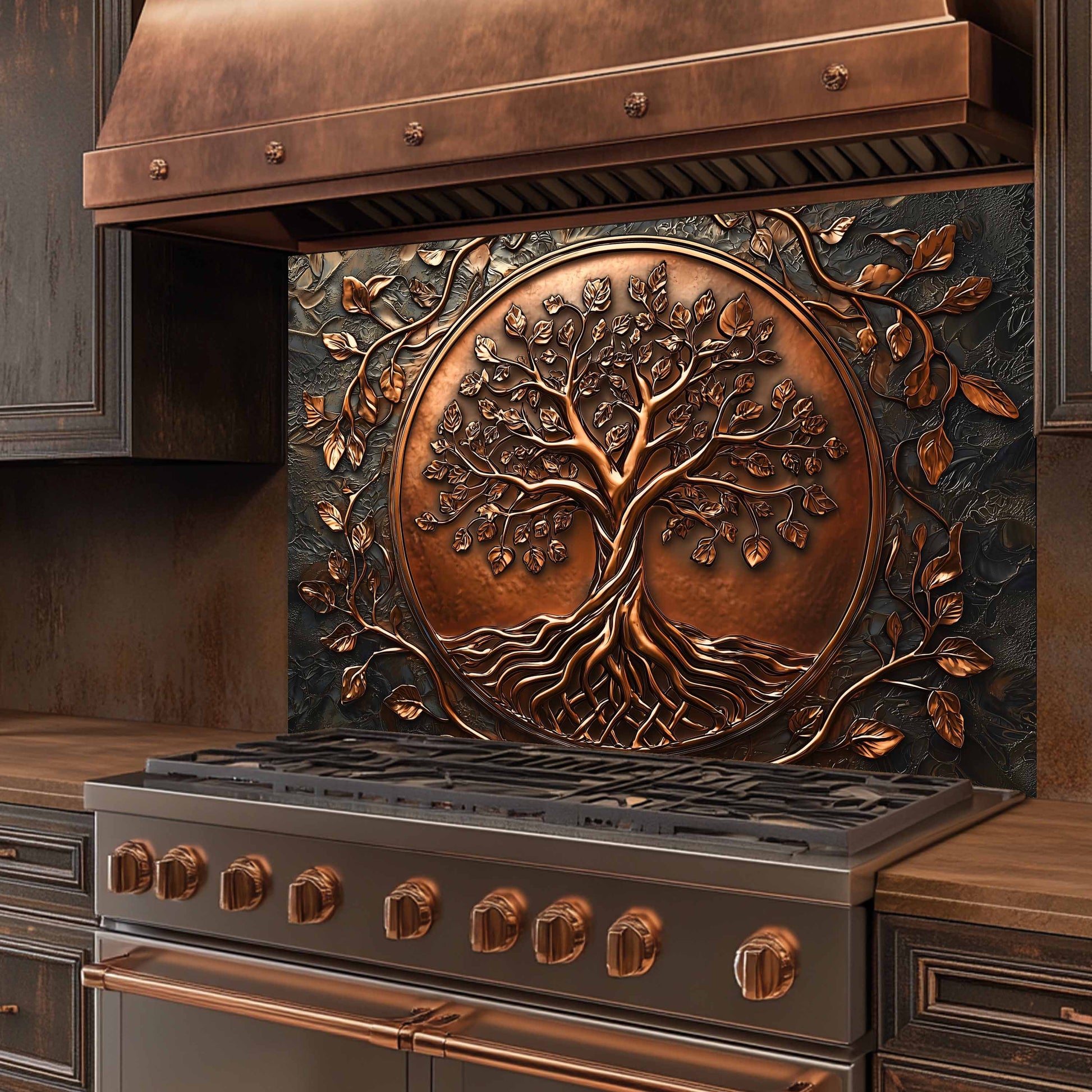 Stainless steel stove with decorative copper tree of life design on the back splash