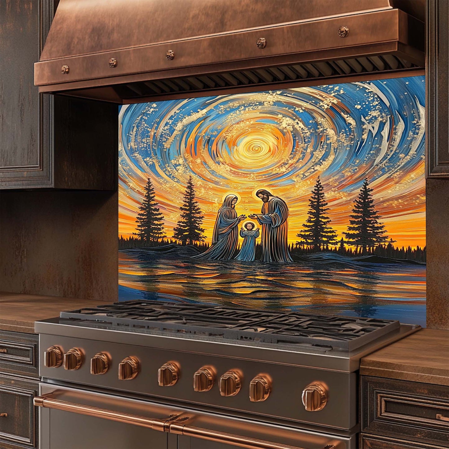 Decorative glass backsplash with a family scene in a kitchen setting