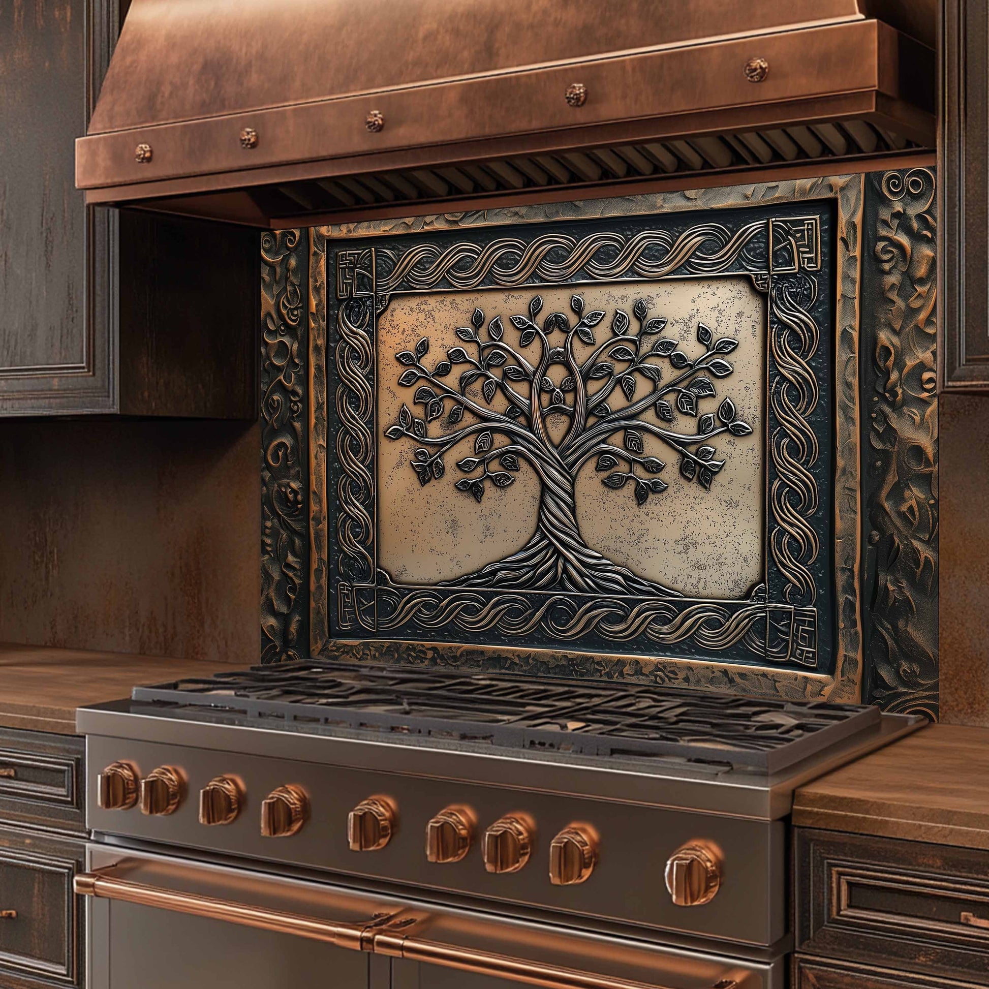 Decorative stove with a tree design on the front panel in a kitchen setting.