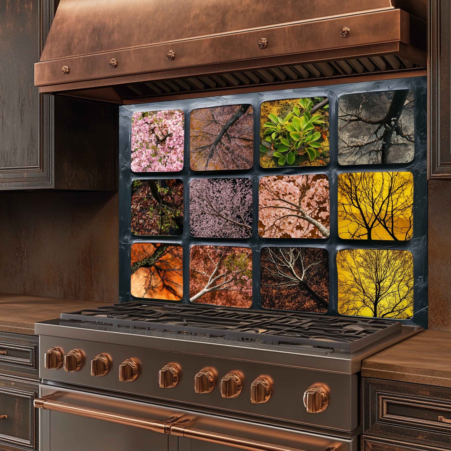 Stainless steel stove with decorative glass splashback featuring nature-themed images