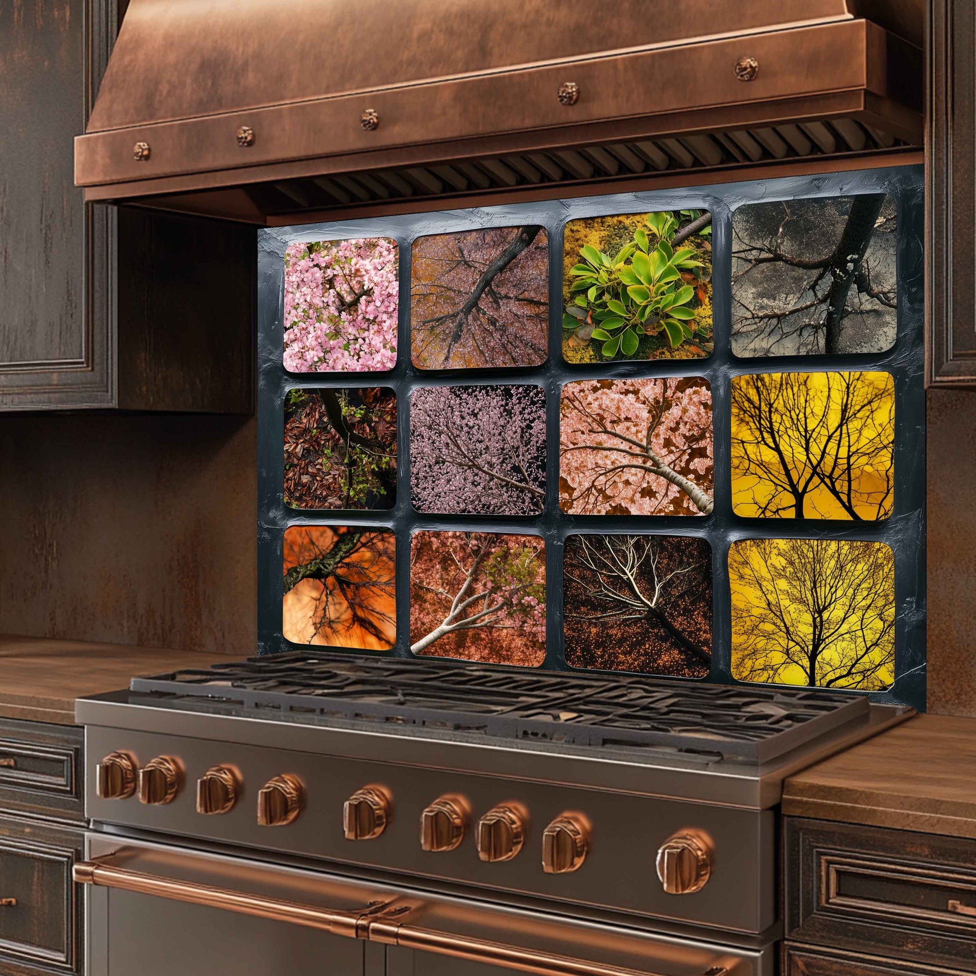 Stainless steel stove with decorative glass splashback featuring nature-themed images
