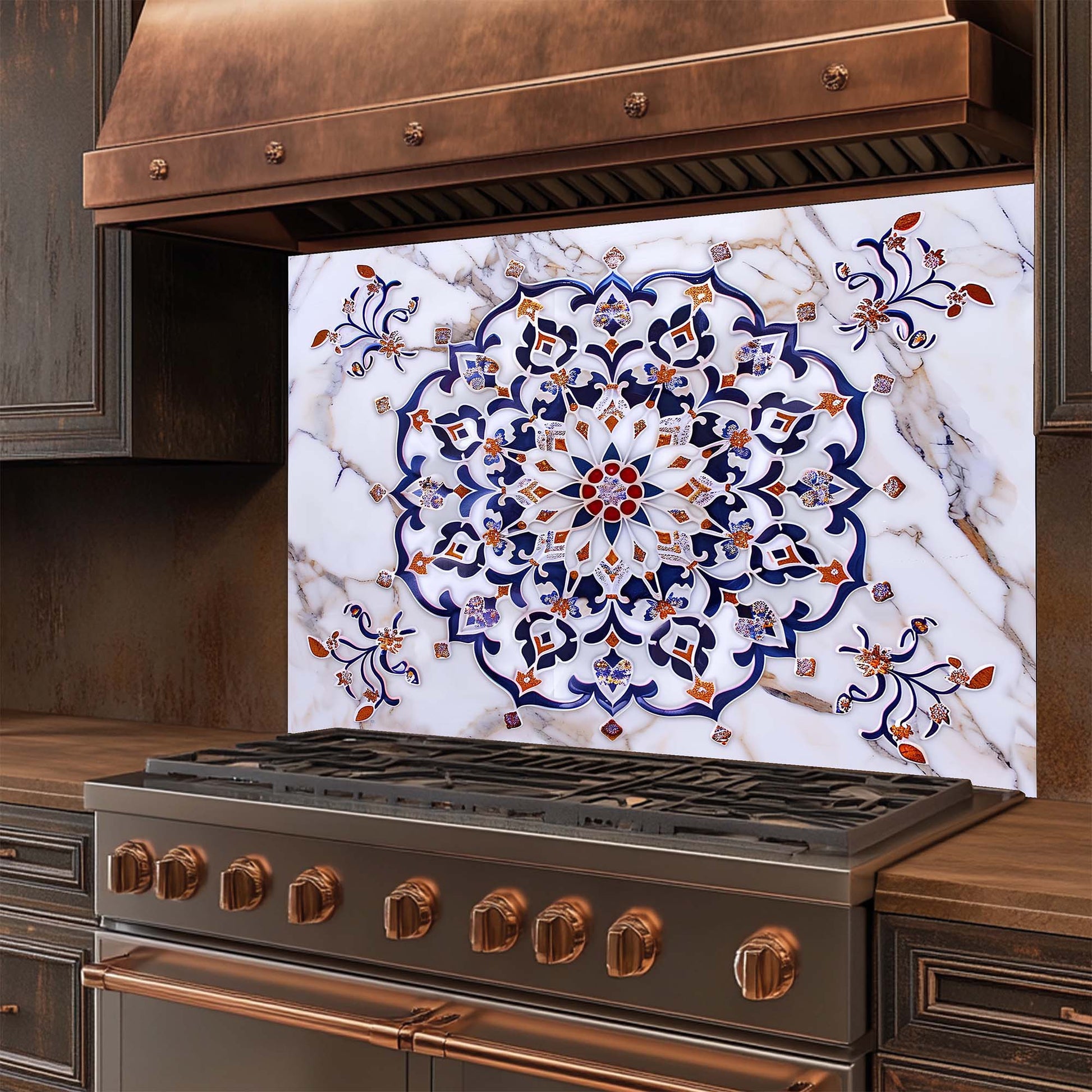 Stainless steel stove with decorative glass backsplash featuring a mandala design.