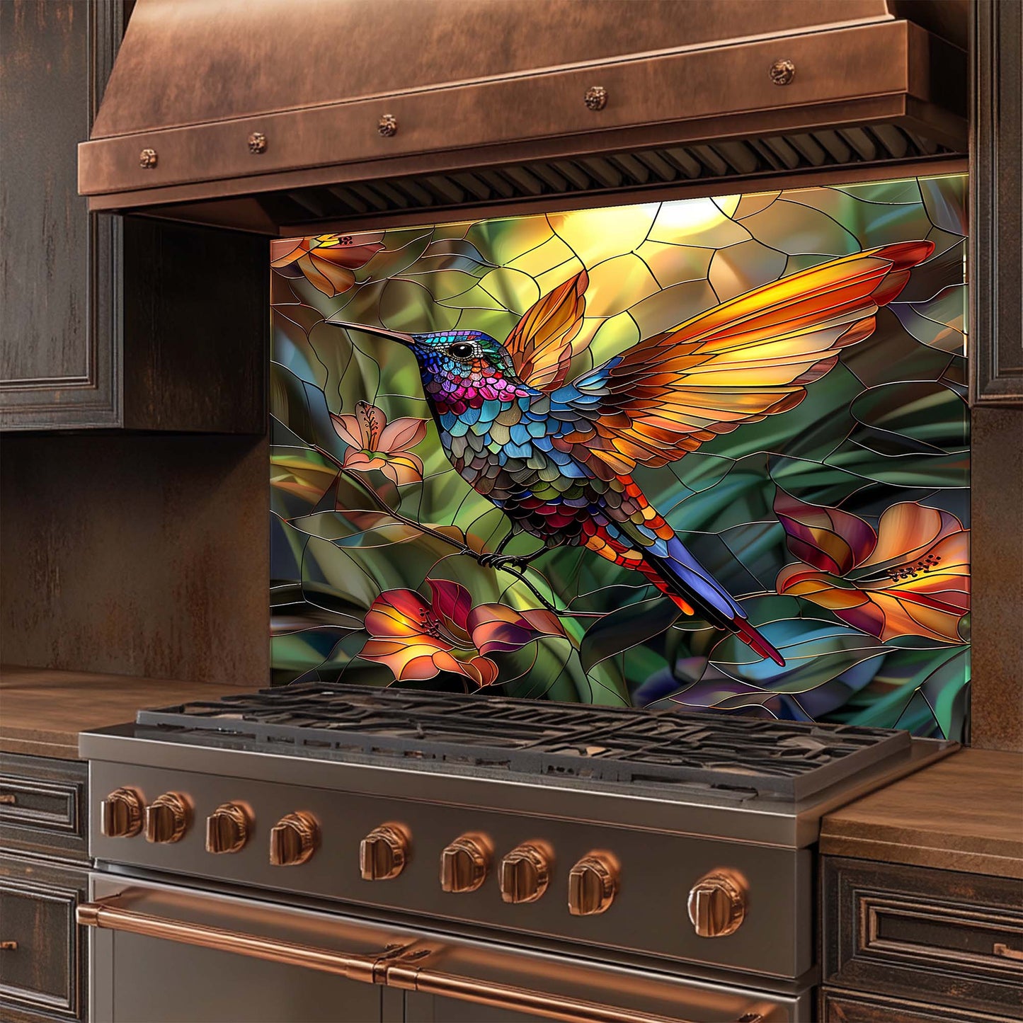 Stainless steel stove with a colorful stained glass-style design of a hummingbird and flowers on the backsplash.