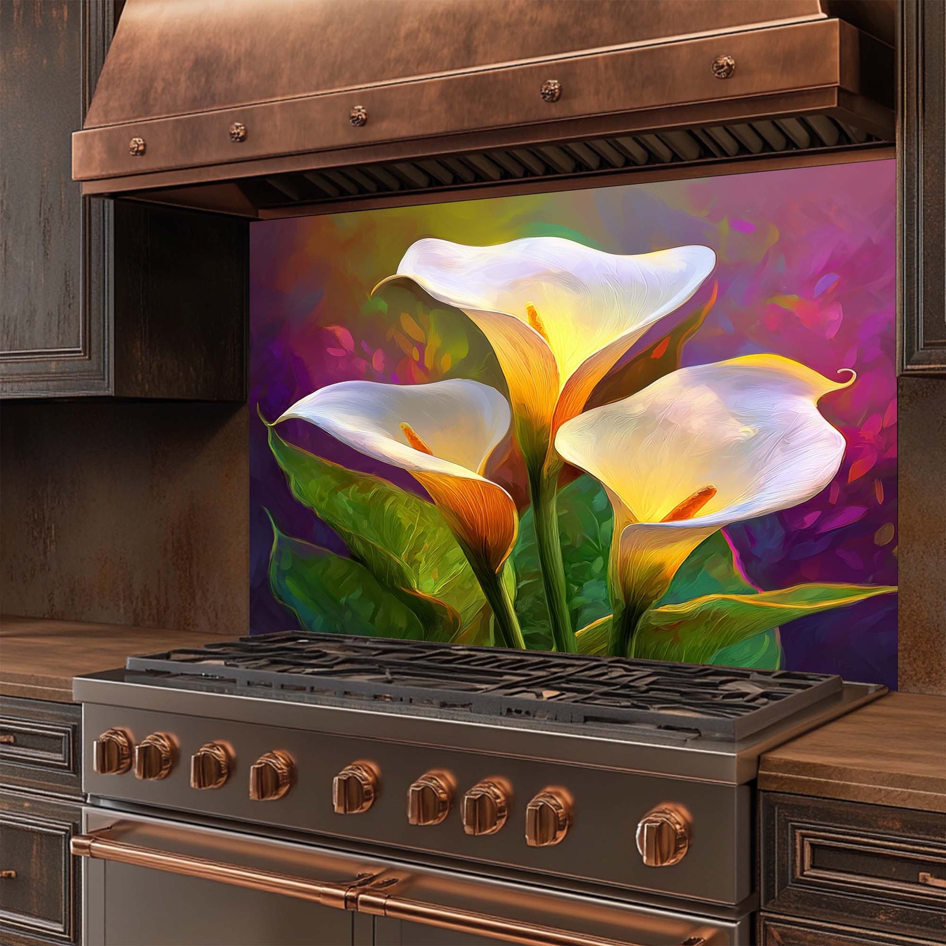 Stainless steel stove with a decorative glass backsplash featuring calla lilies on a colorful background.