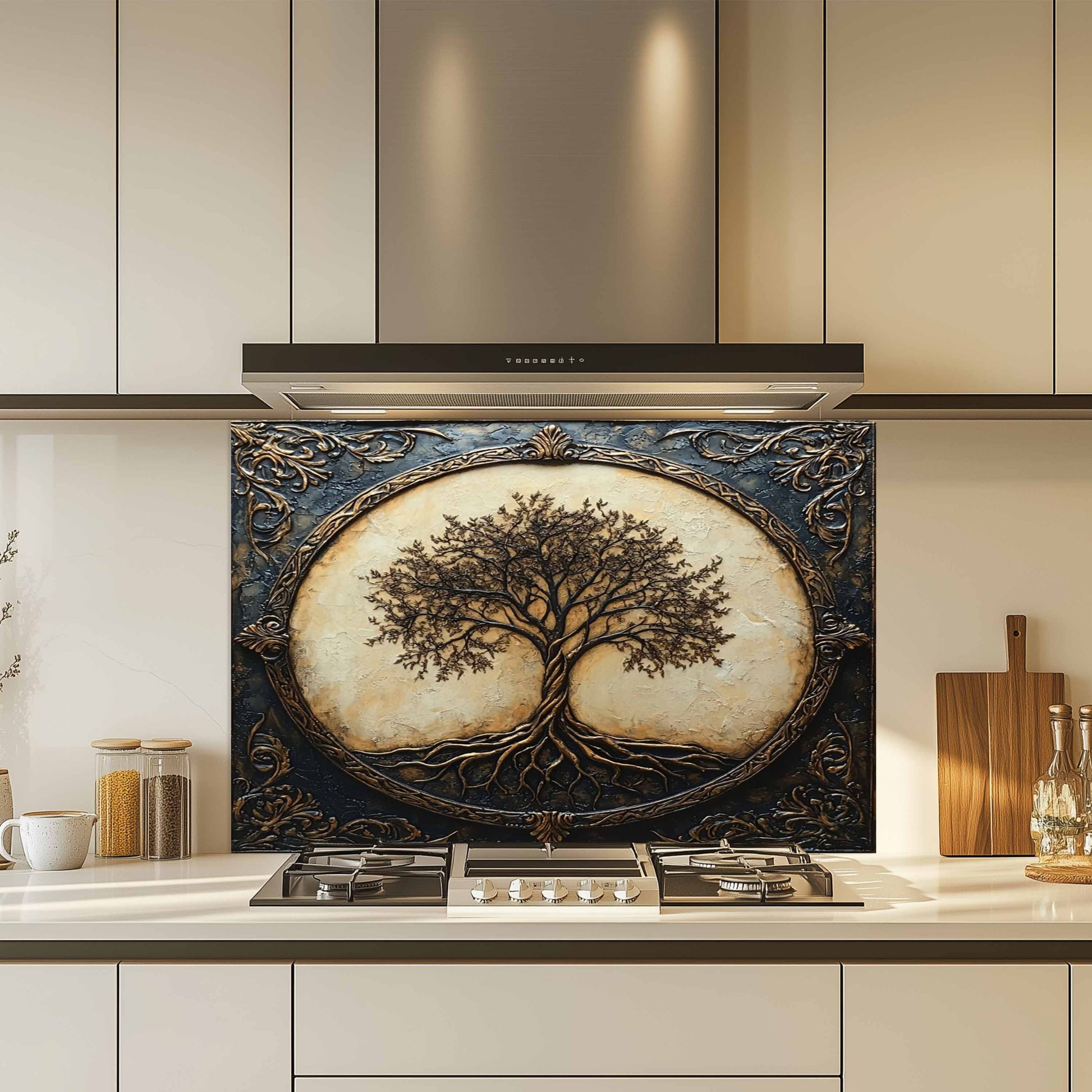 Decorative kitchen backsplash with a tree design above a kitchen stove