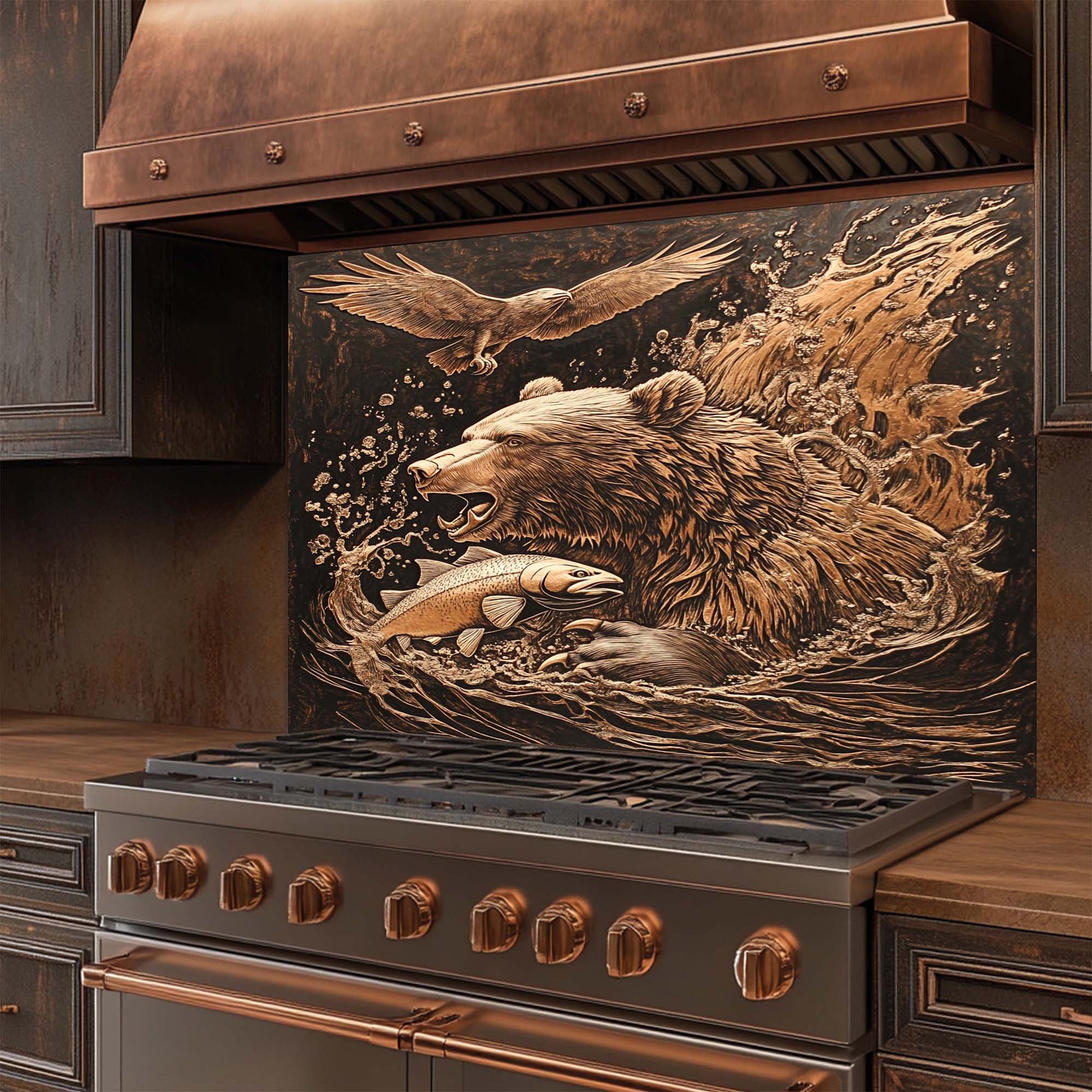 Stainless steel stove with copper look glass backsplash featuring a bear and eagle design.