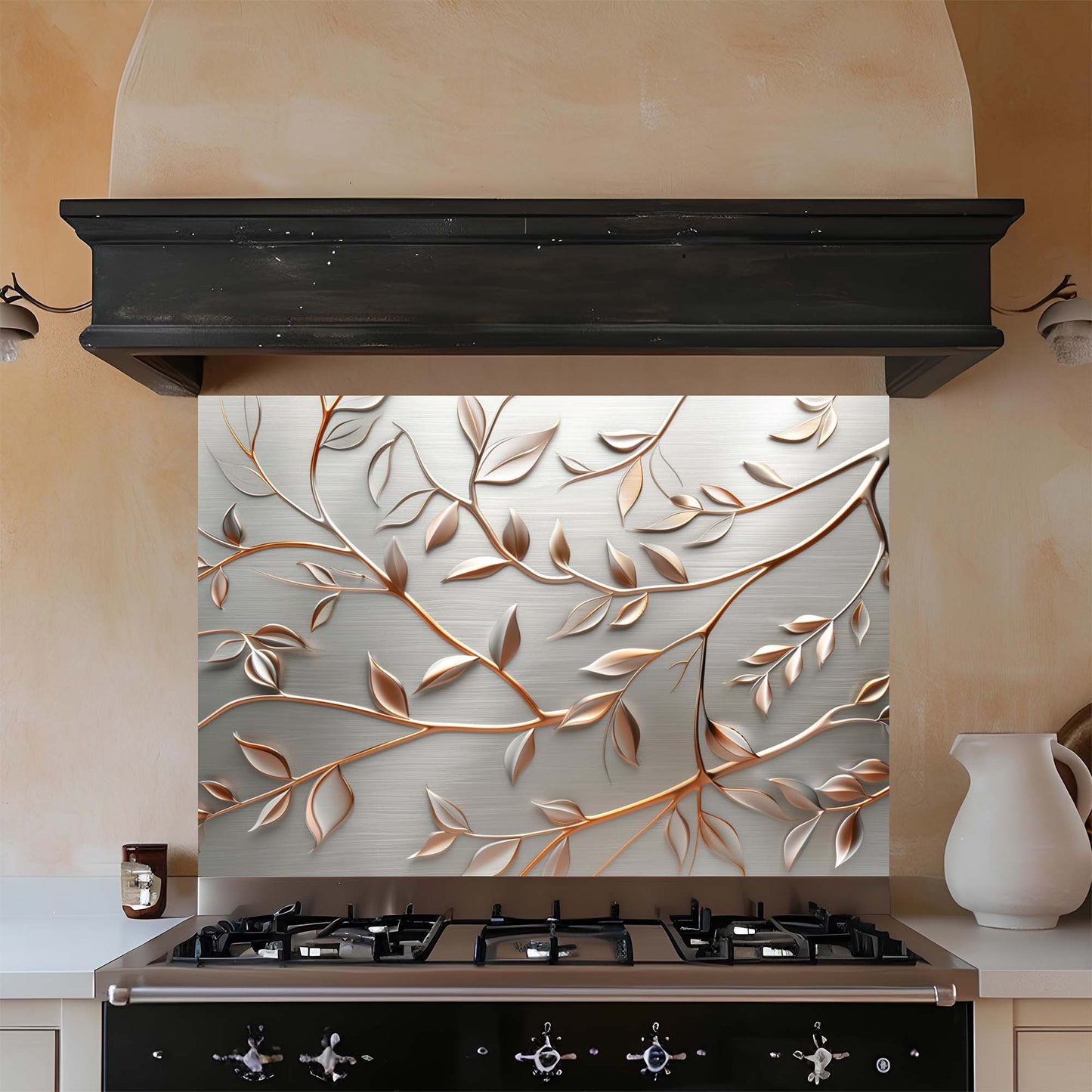 Decorative glass splashback with leaf design above a stove in a kitchen.