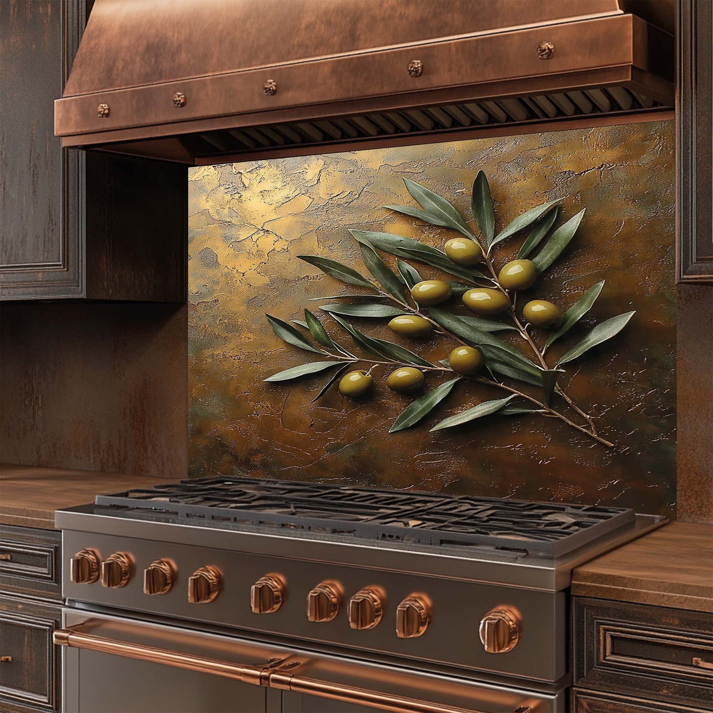 Stainless steel stove with copper accents and decorative olive branch glass backsplash
