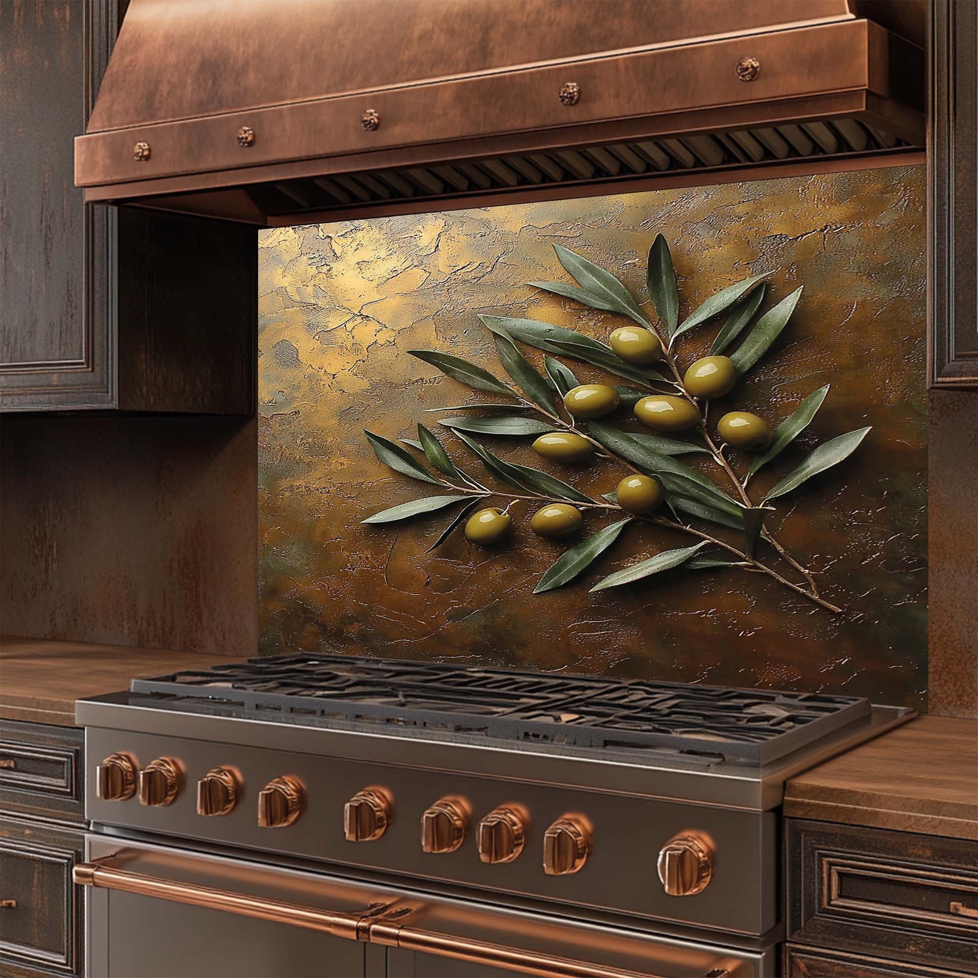 Stainless steel stove with copper accents and decorative olive branch glass backsplash