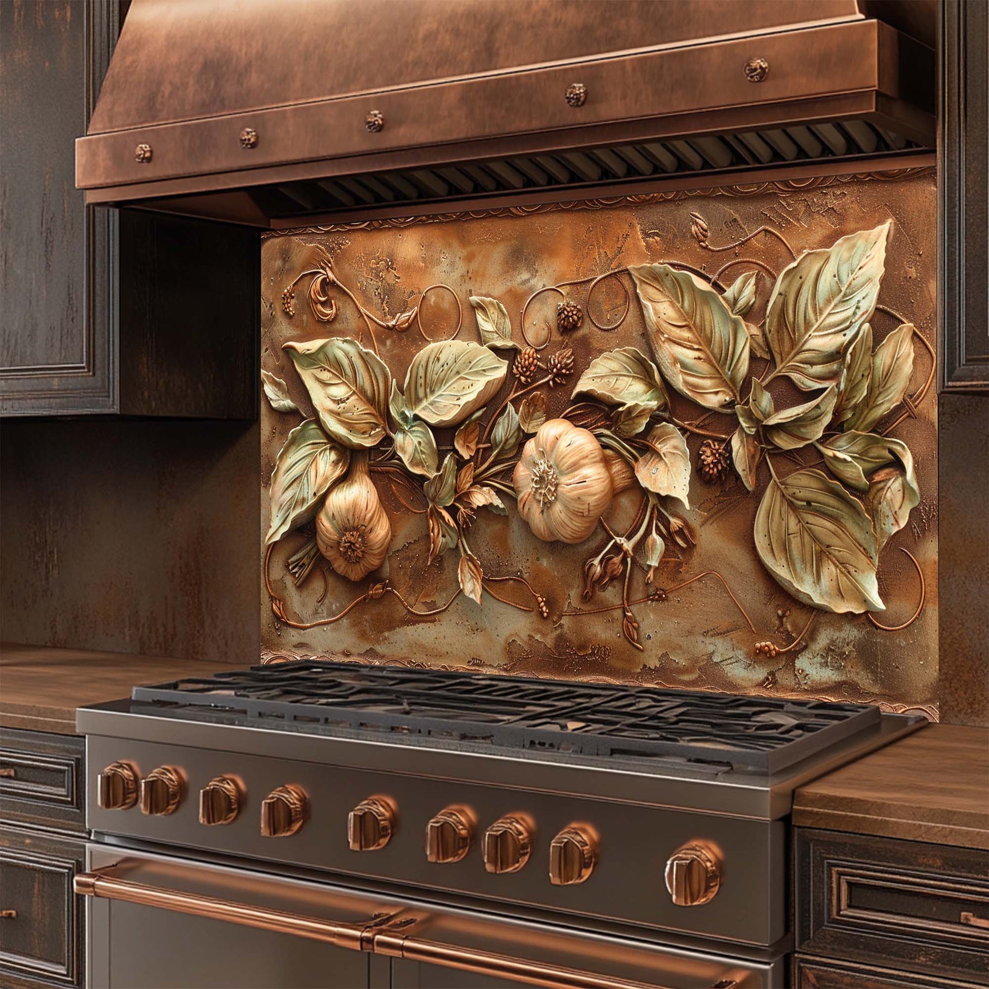 levate your kitchen with Golden Harvest Relief – a Tuscan-inspired tempered glass backsplash with garlic, pumpkin & copper tones. Heat-resistant and easy to clean.