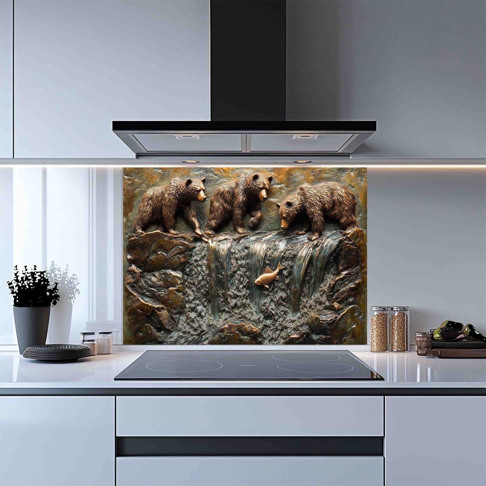 Kitchen with a decorative glass splashback featuring bears and a waterfall.