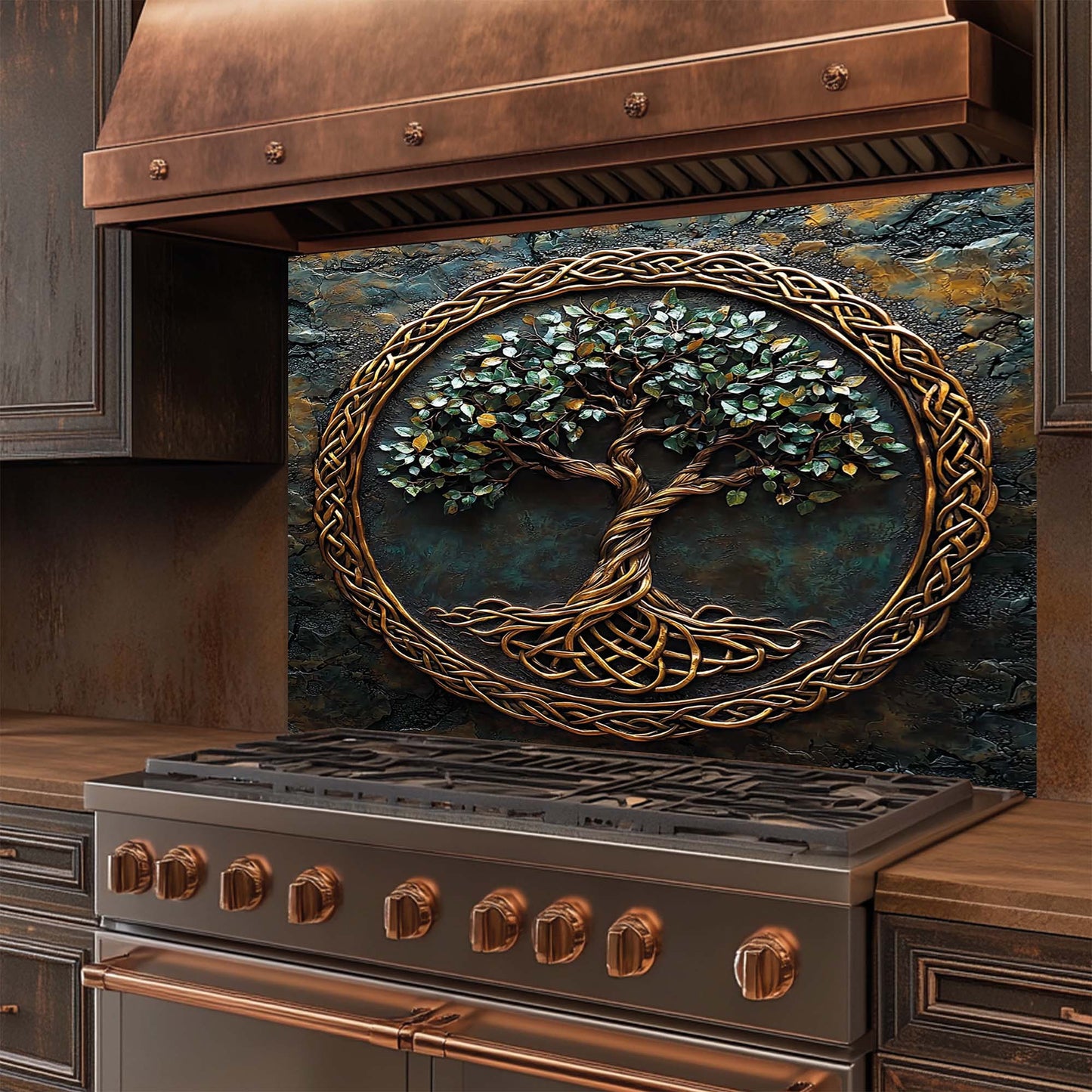 Stainless steel stove with decorative tree glass backsplash in a kitchen setting