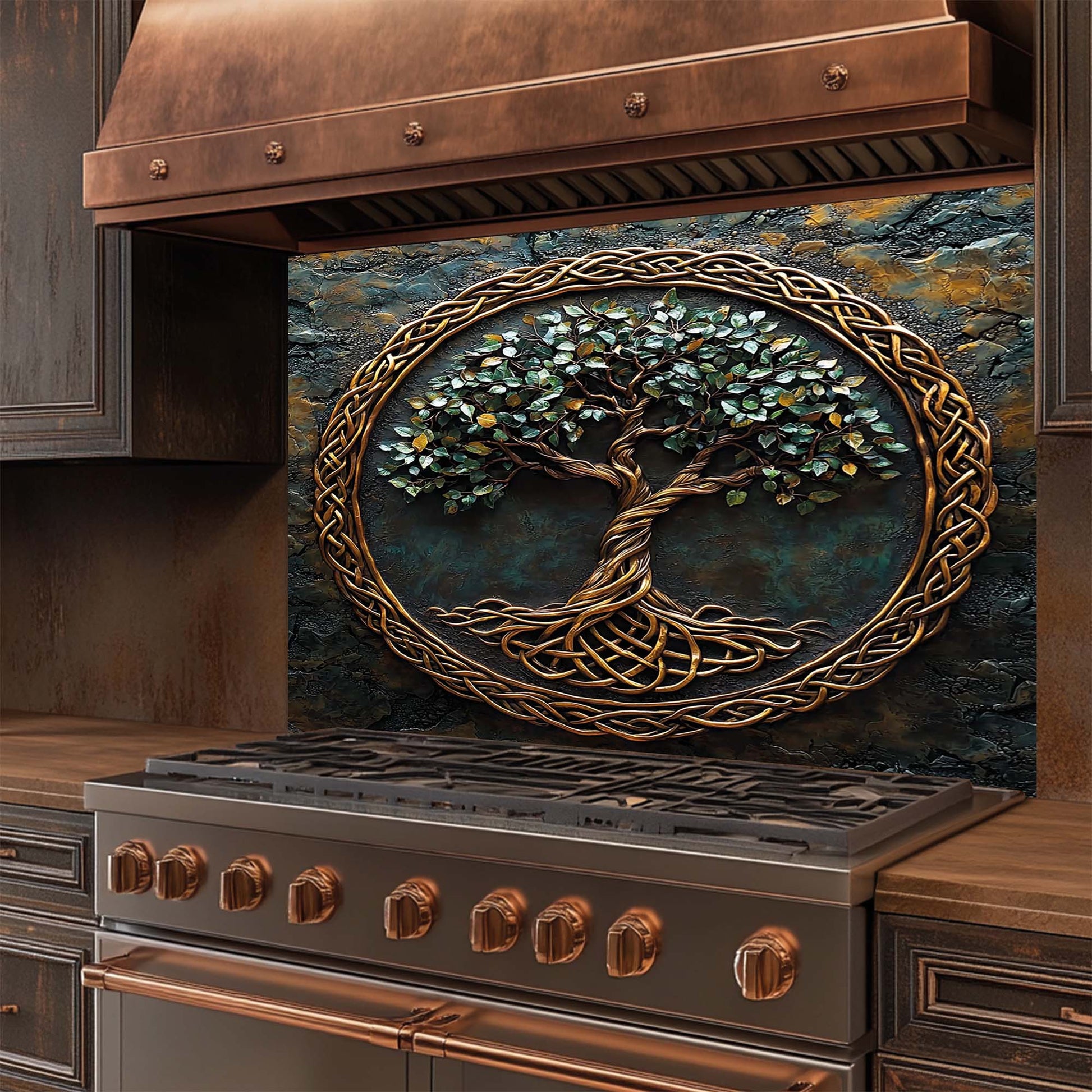Stainless steel stove with decorative tree glass backsplash in a kitchen setting