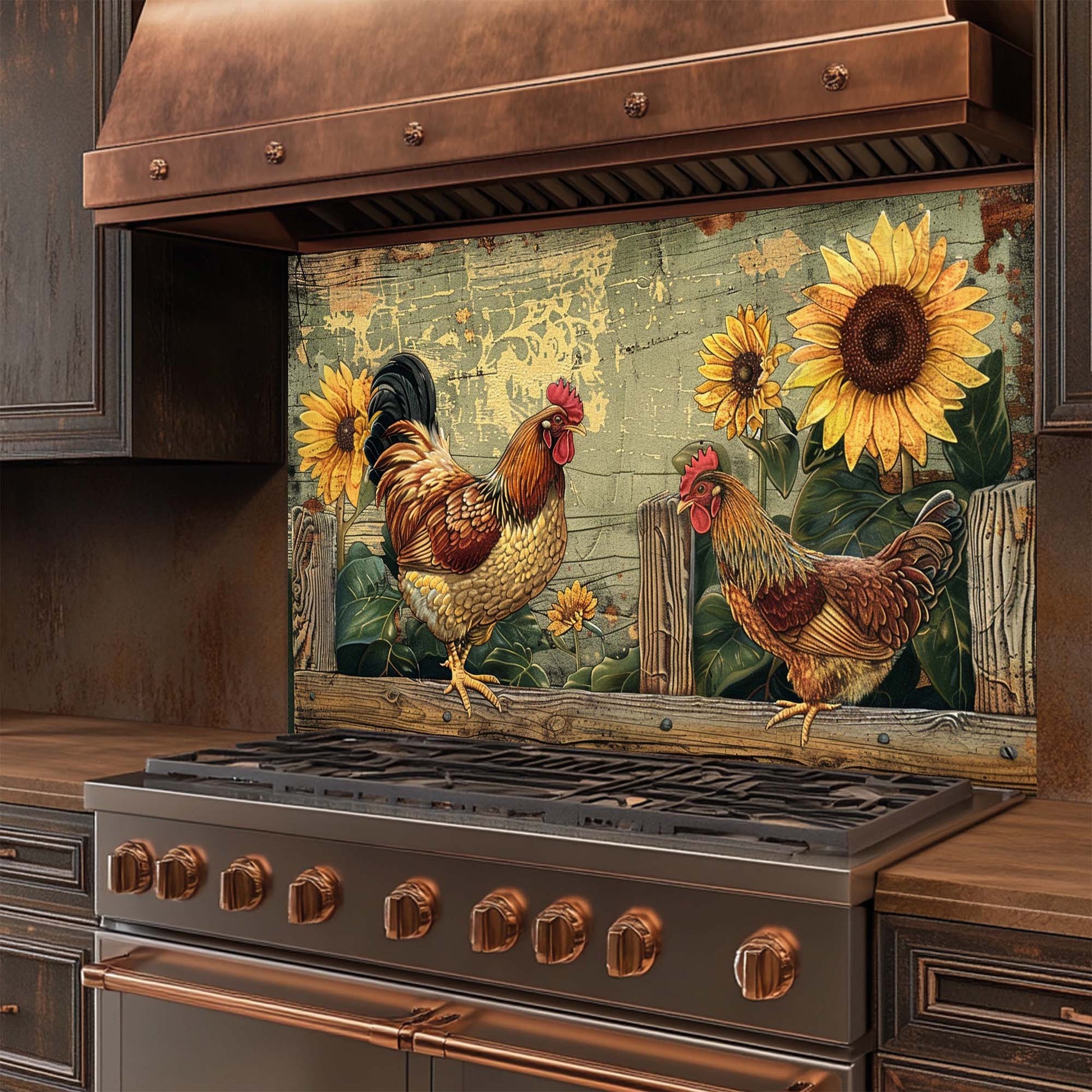 Decorative glass backsplash with roosters and sunflowers above a stove in a kitchen.