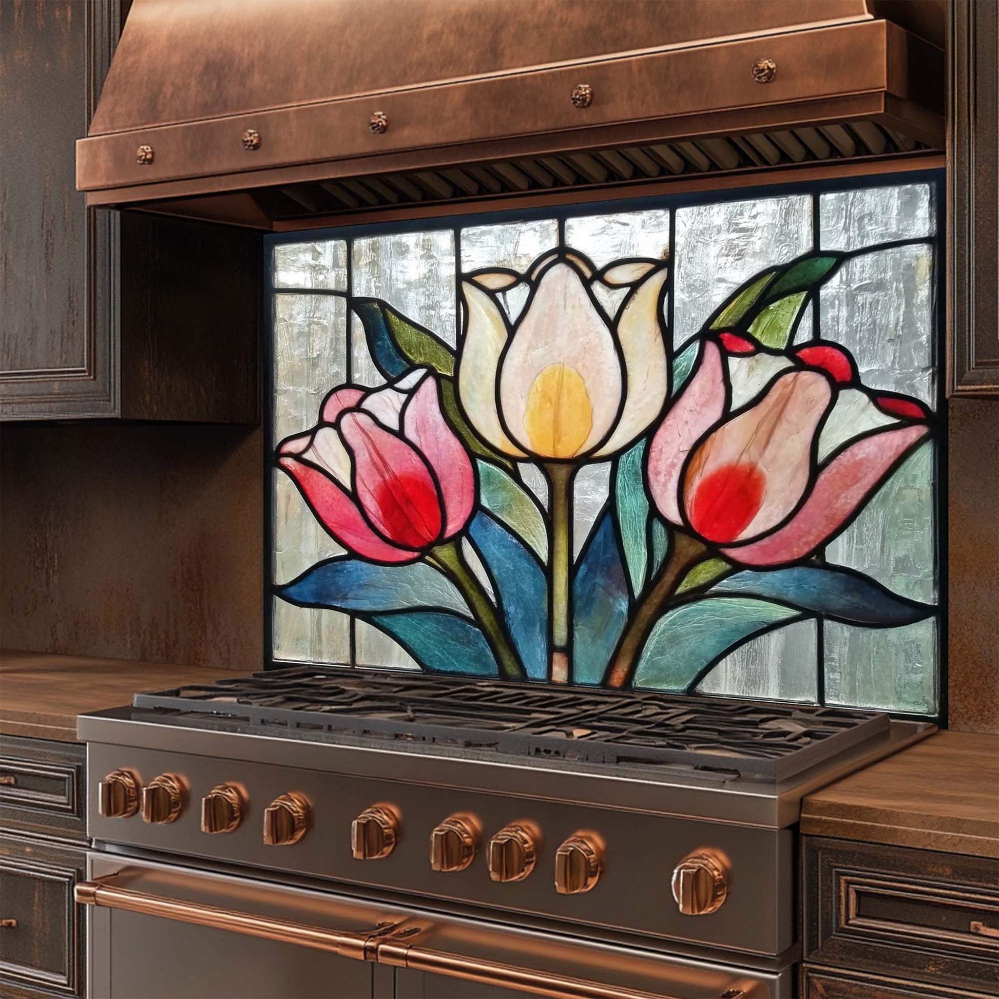 Stainless steel stove with copper accents and a decorative stained glass backsplash of tulips.