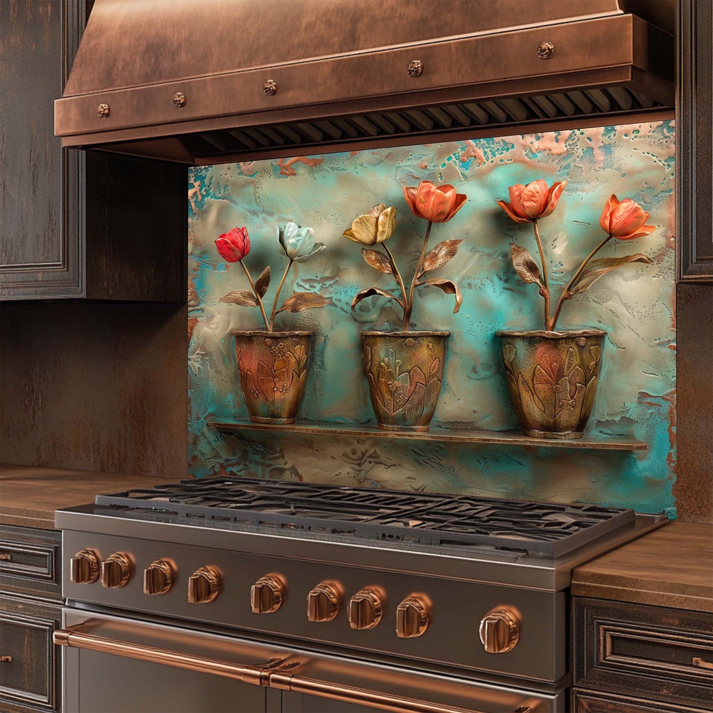 Decorative glass backsplash with floral design above a stove in a kitchen setting