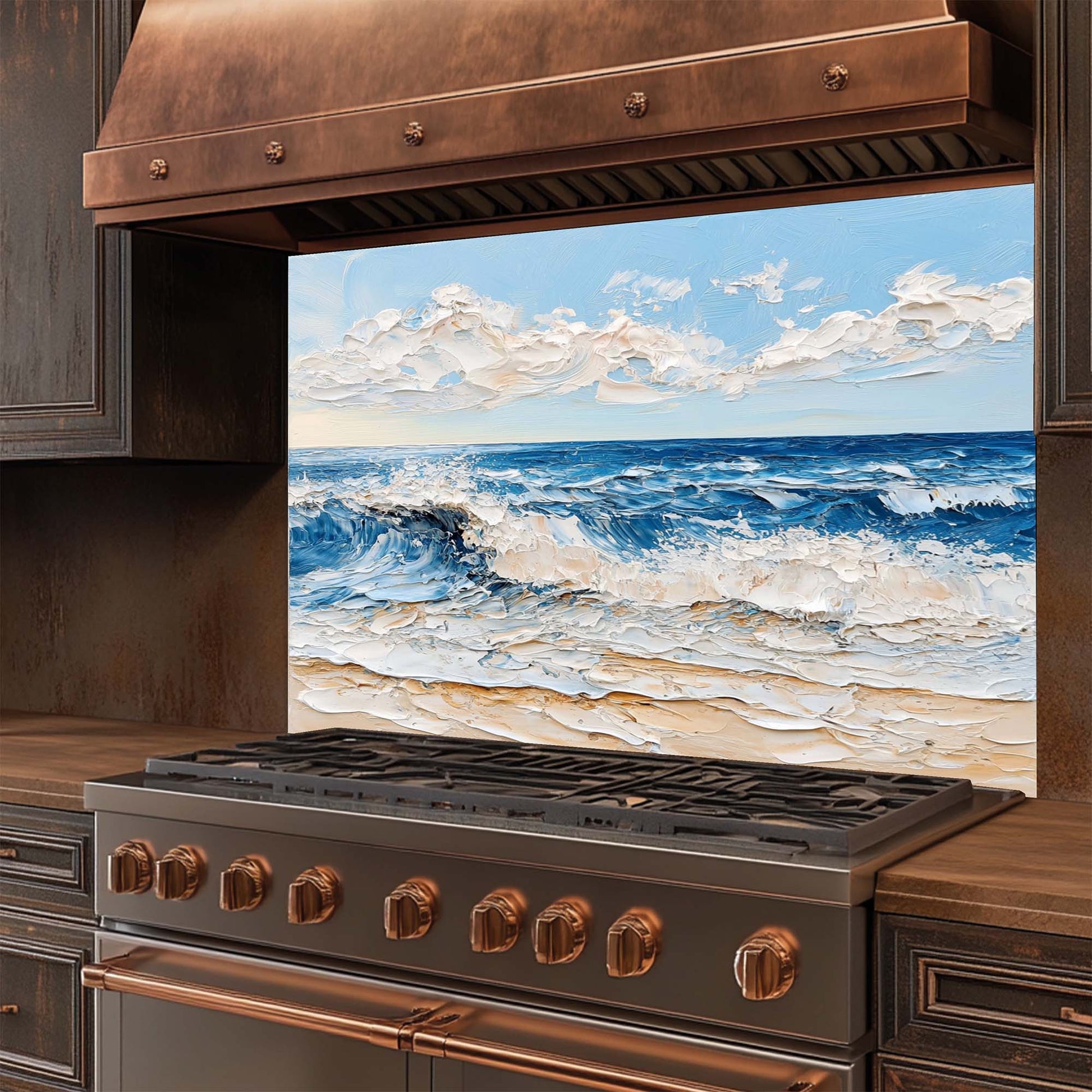 Ocean wave beach design on tempered glass backsplash. Glossy, textured look, easy to clean, custom size backsplash.