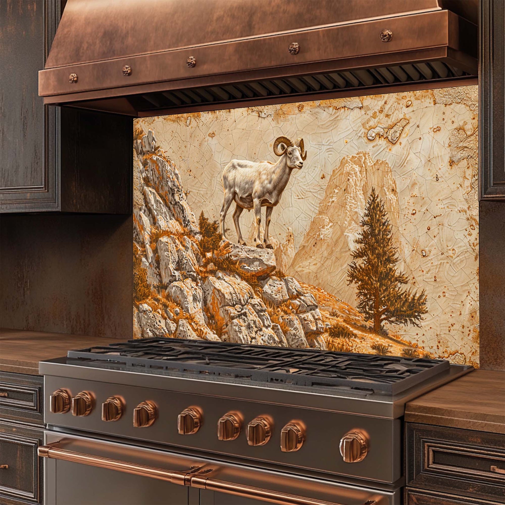 Stainless steel stove with copper accents and a decorative glass backsplash featuring a mountain scene with a goat.