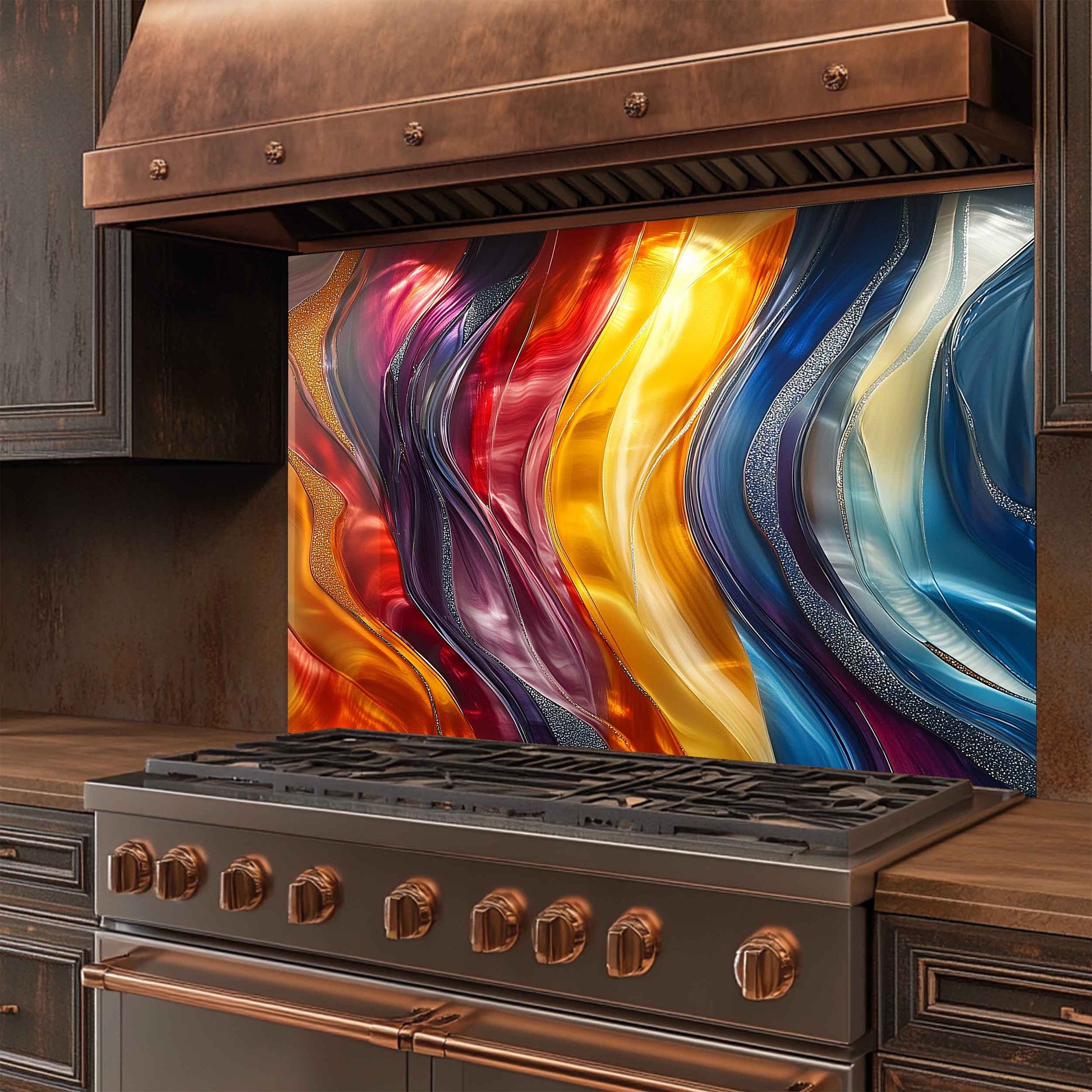 Stainless steel stove with a colorful glass backsplash in a kitchen setting