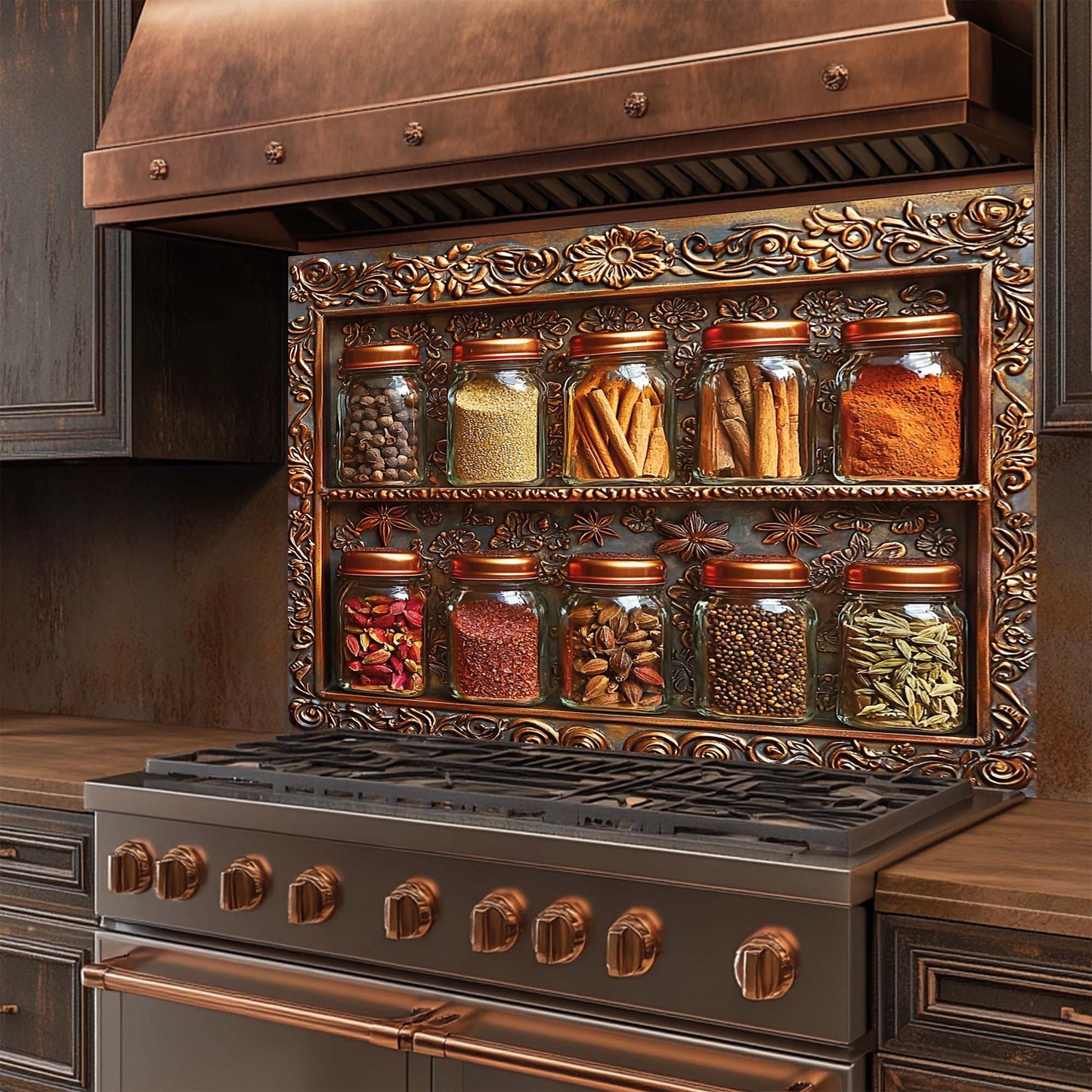 Decorative spice rack design glass backsplash on a stove with various jars of spices.