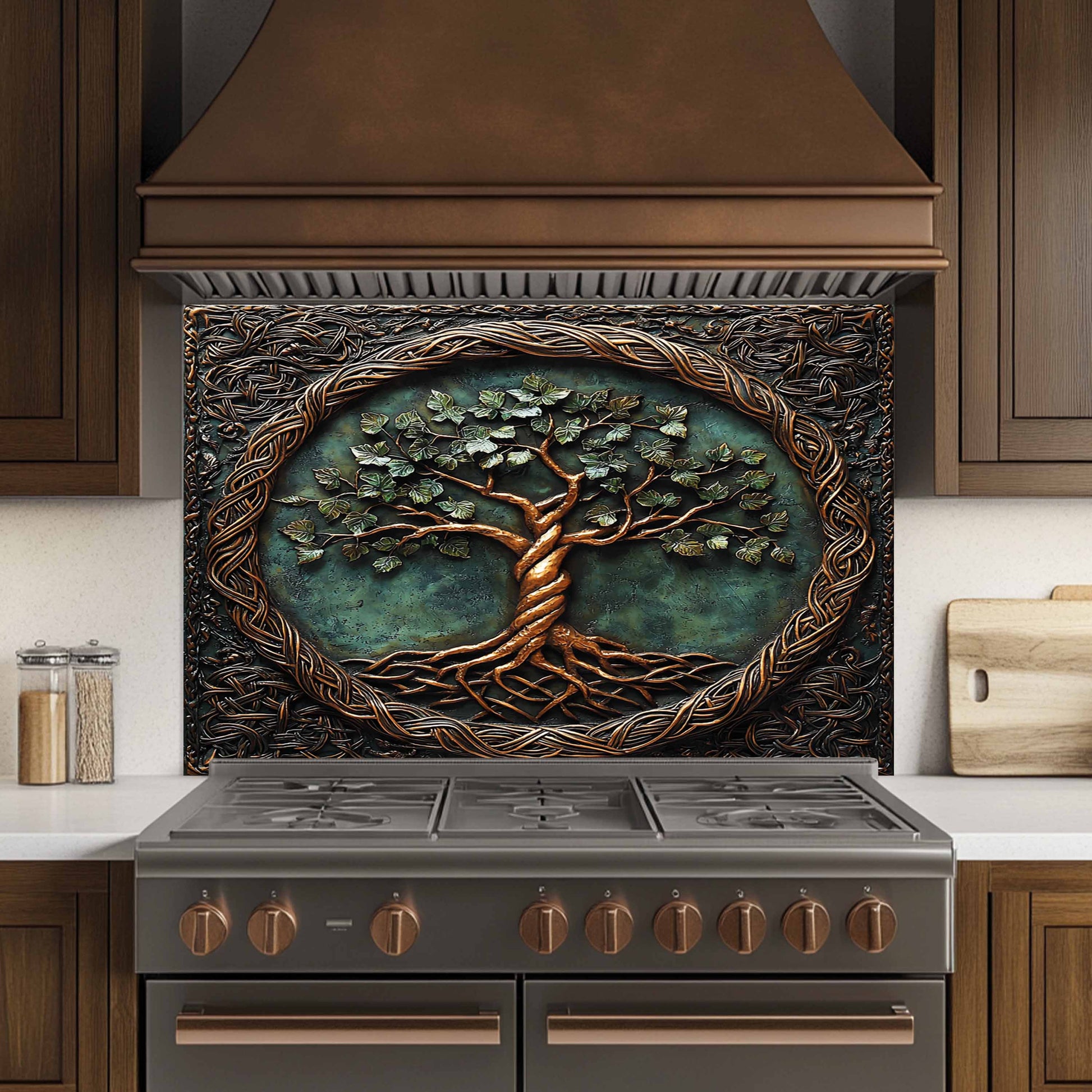 Decorative backsplash with tree design above a stove in a kitchen.