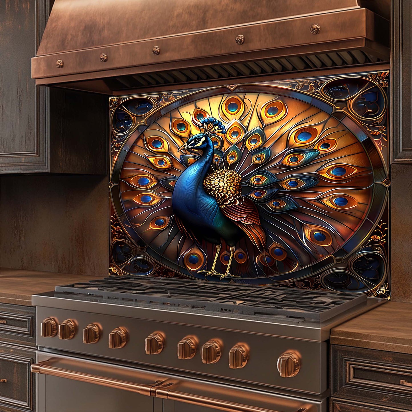 Decorative peacock design glass backsplash on a stove in a kitchen setting