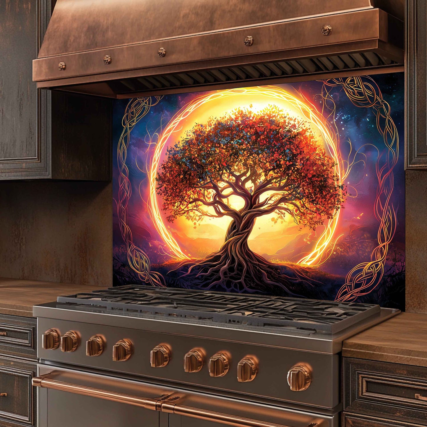 Stainless steel stove with a decorative glass panel featuring a tree of life design.