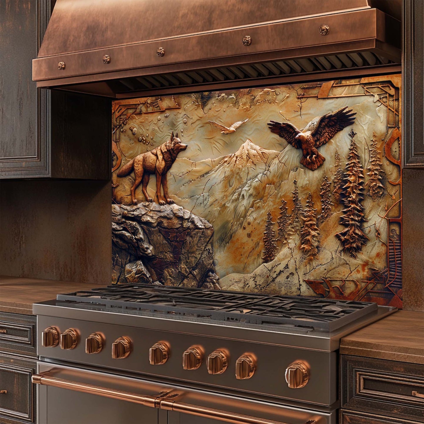 Stainless steel stove with copper accents and a decorative glass backsplash featuring animals and mountains.