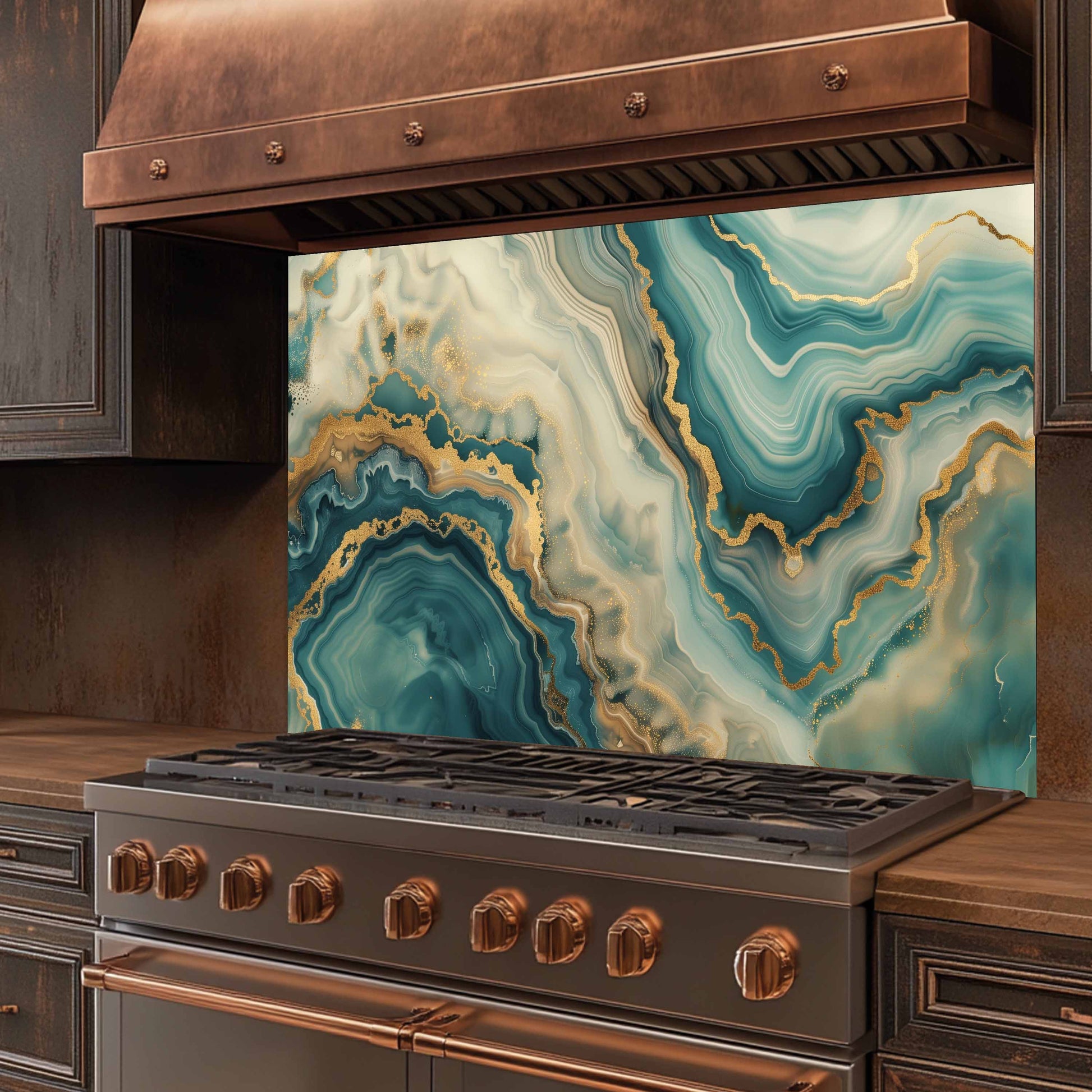 Stainless steel stove with copper accents and a decorative backsplash in a kitchen setting.